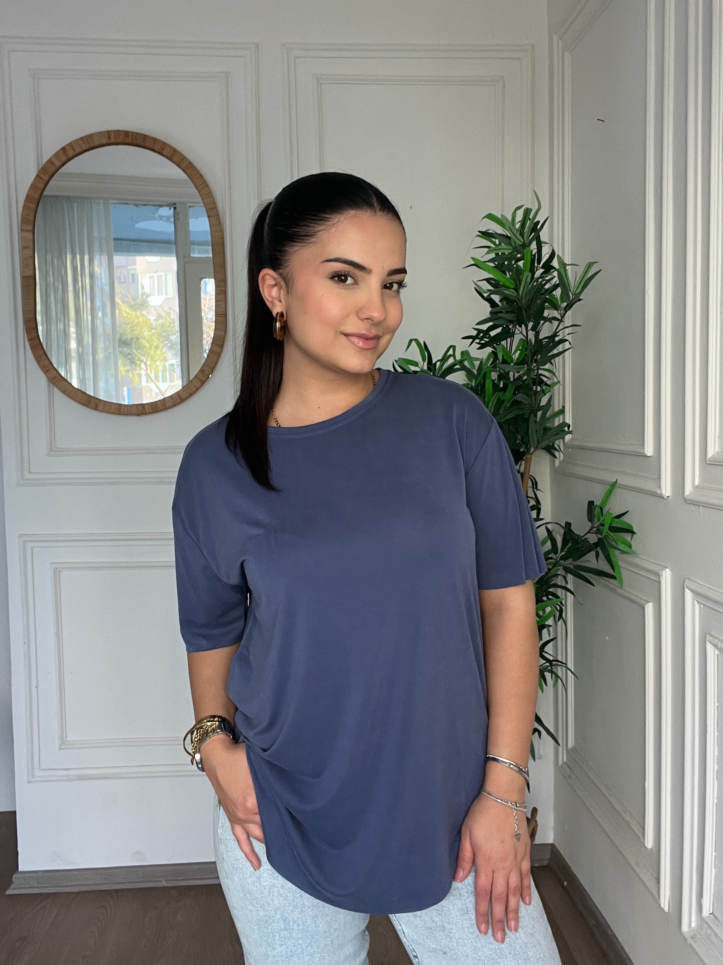 Bisiklet Yaka Modal Tshirt İndigo