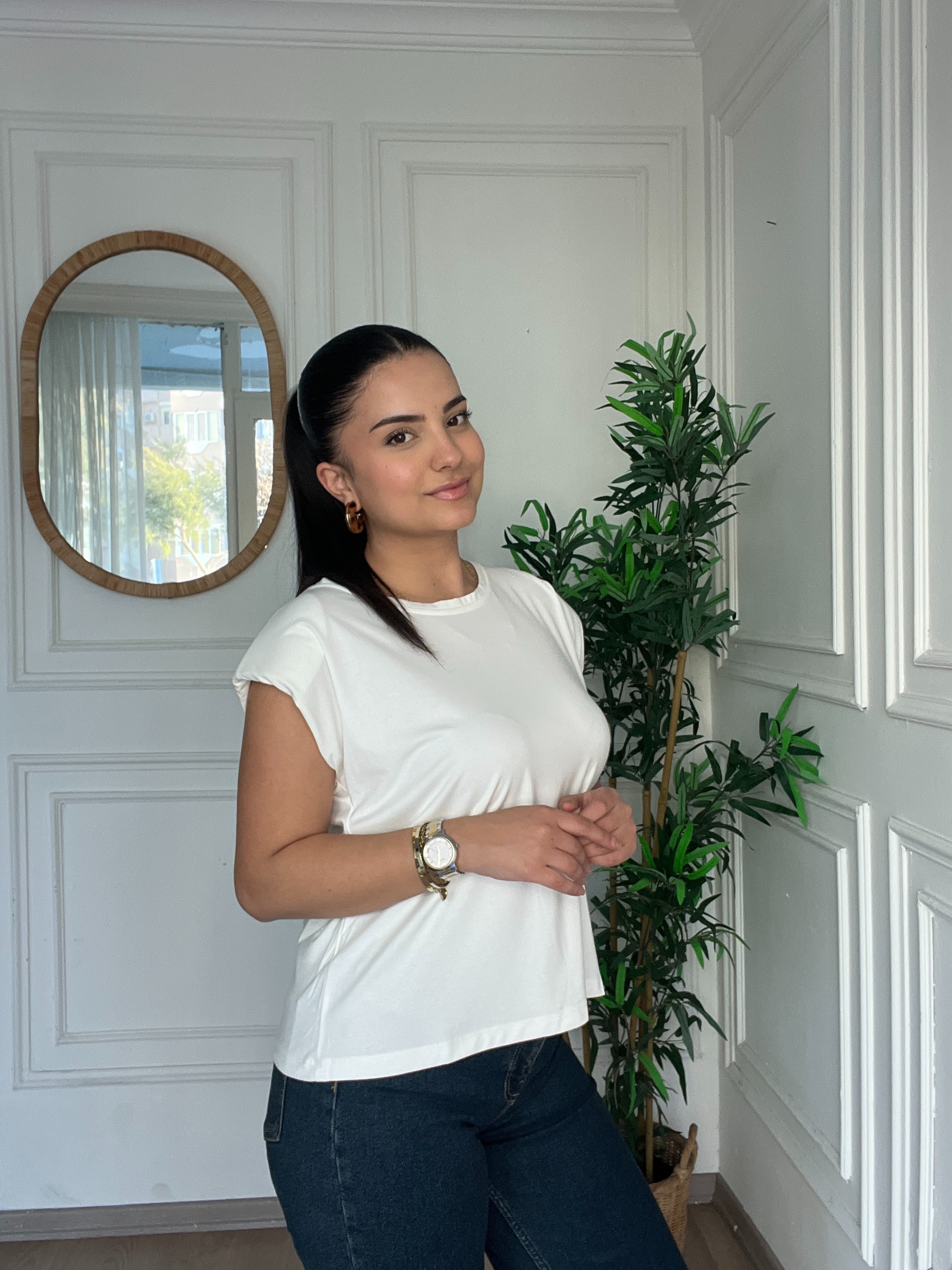 Bisiklet Yaka Vatkalı Modal Tshirt Ekru