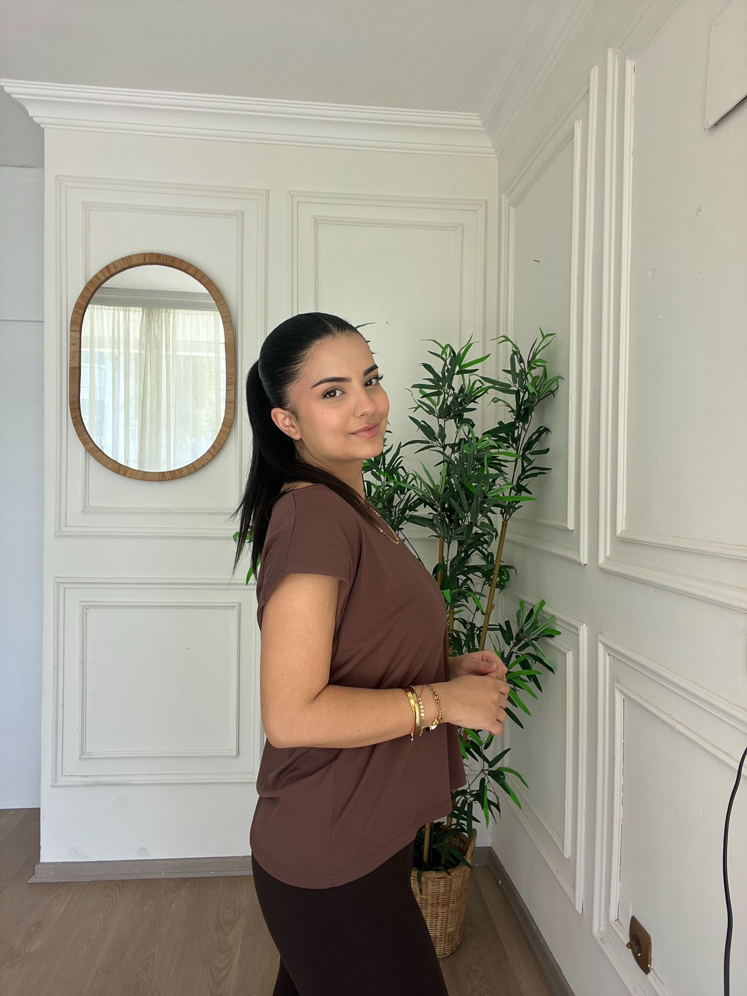 Bisiklet Yaka Vatkalı Modal Tshirt Kahverengi