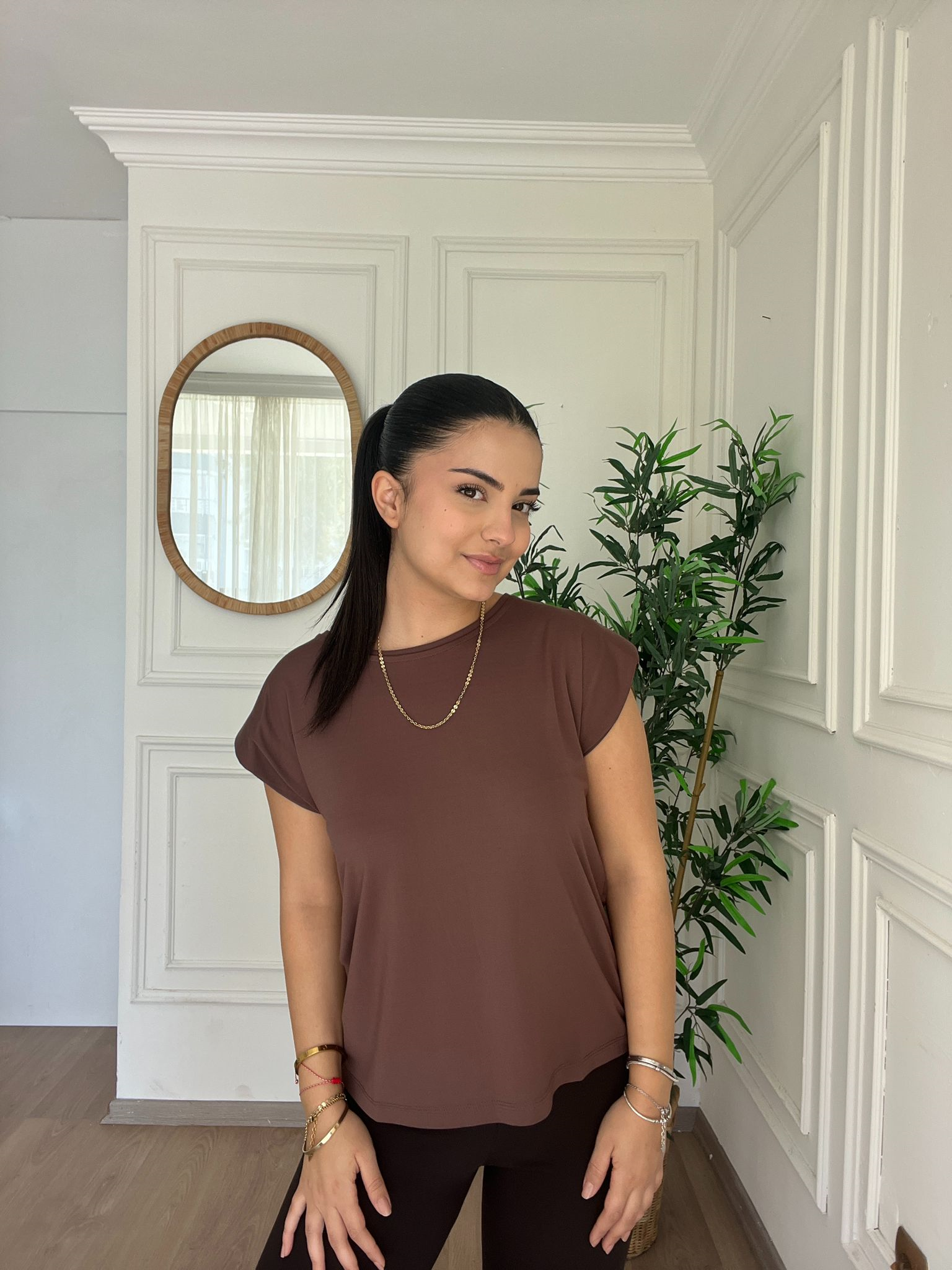 Bisiklet Yaka Vatkalı Modal Tshirt Kahverengi