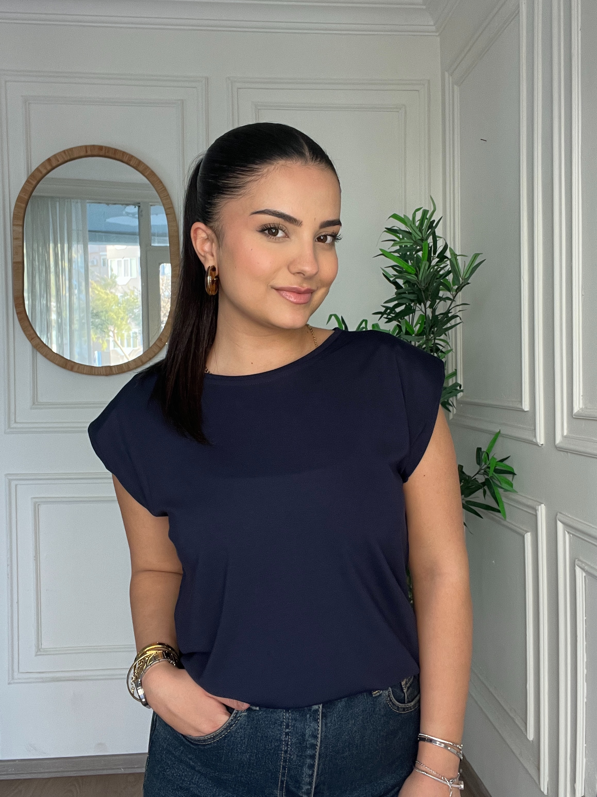 Bisiklet Yaka Vatkalı Modal Tshirt Lacivert