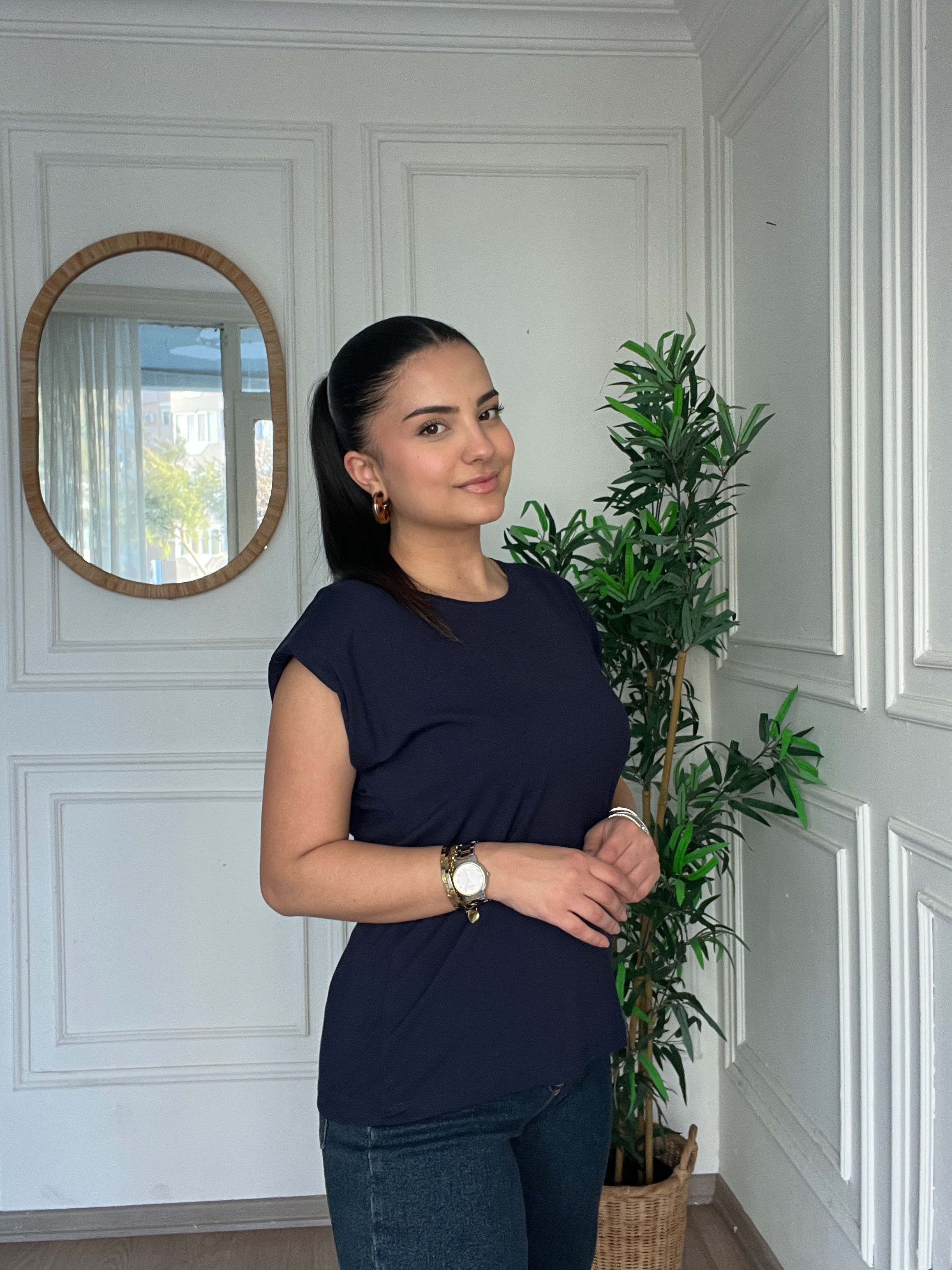 Bisiklet Yaka Vatkalı Modal Tshirt Lacivert