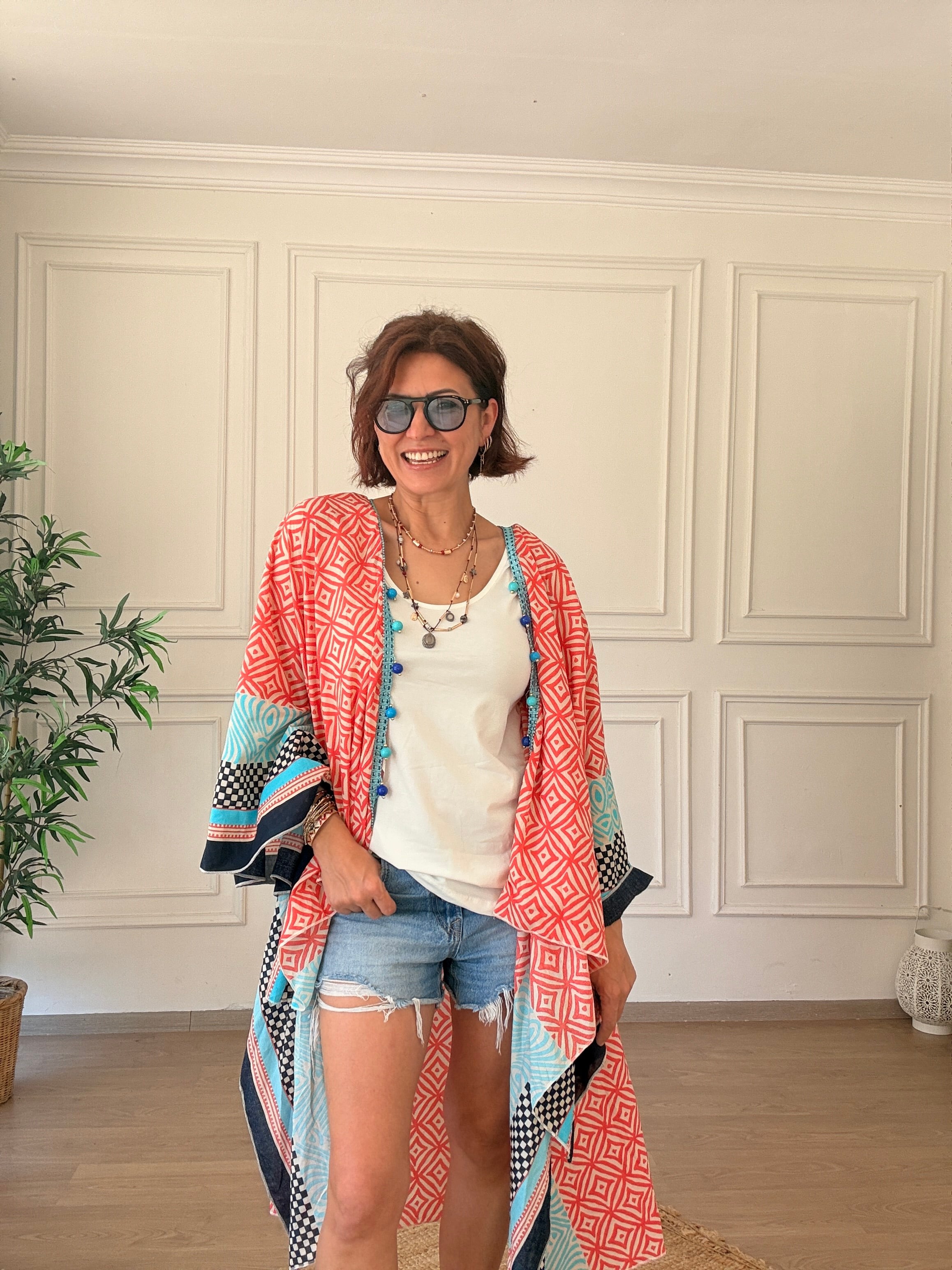 Boncuklu Tülbent Kumaş Kimono