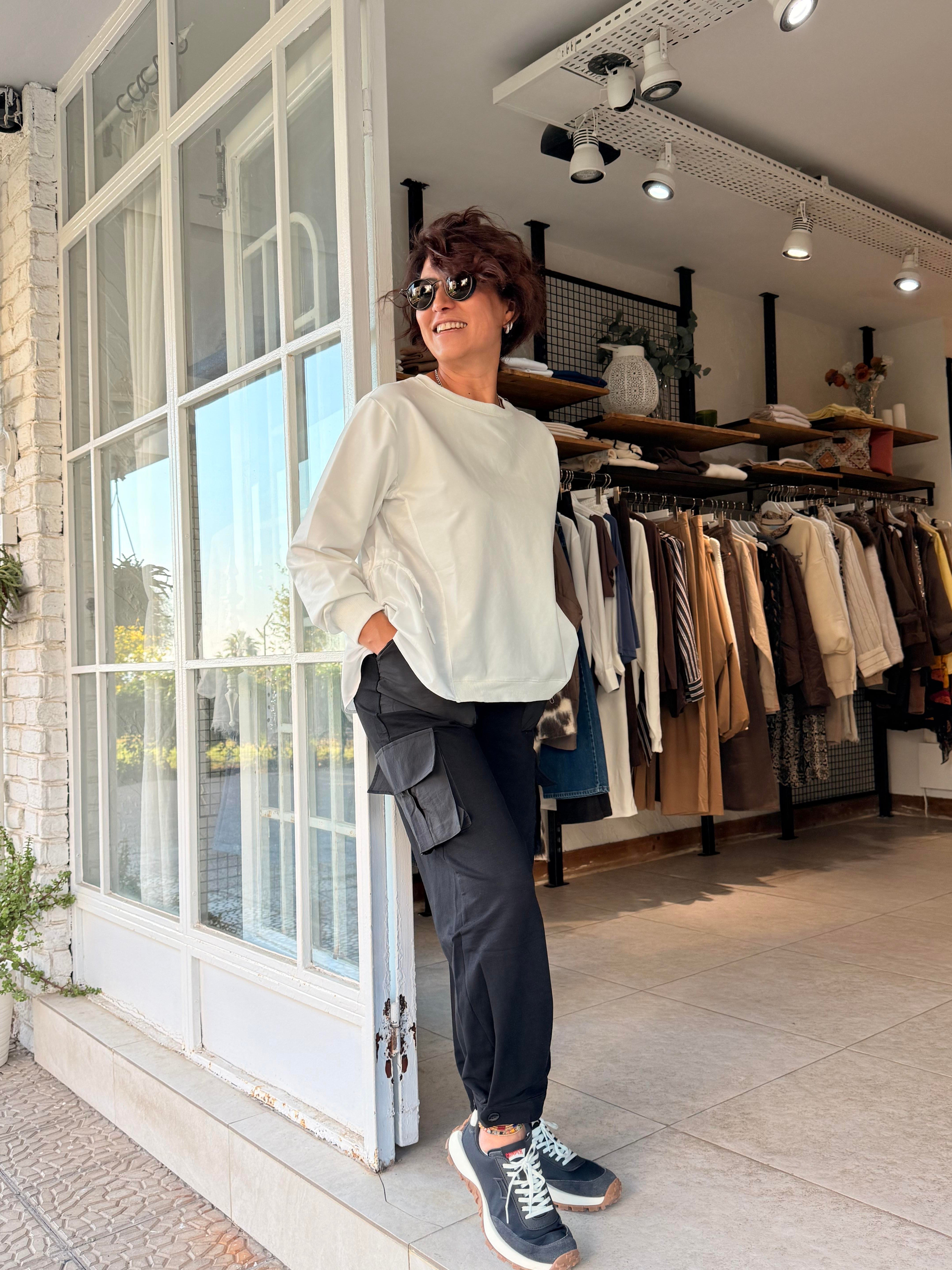Cepli Beli Lastikli Paça Düğmeli Pantolon Siyah
