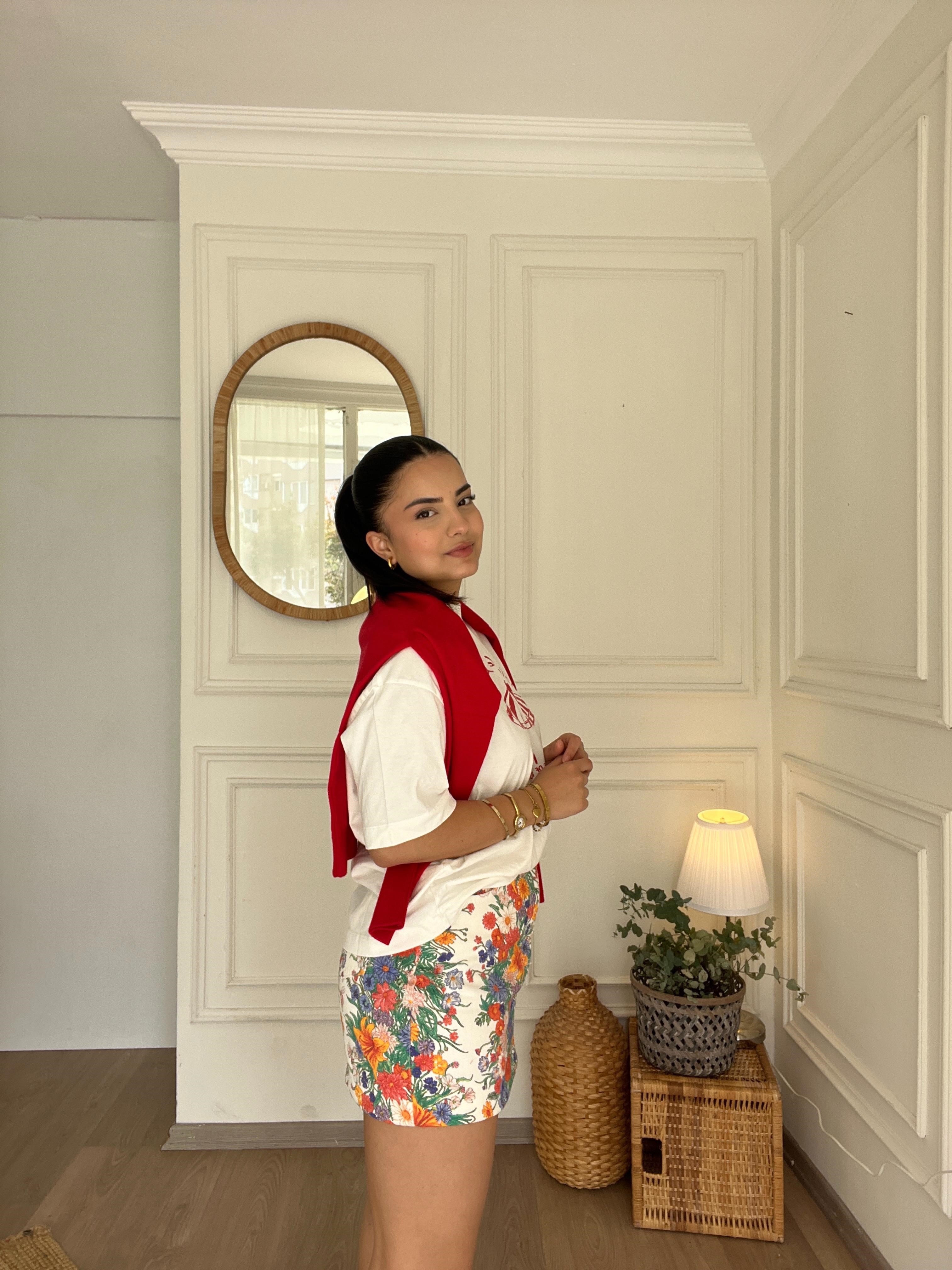 Çiçekli Jean Etek