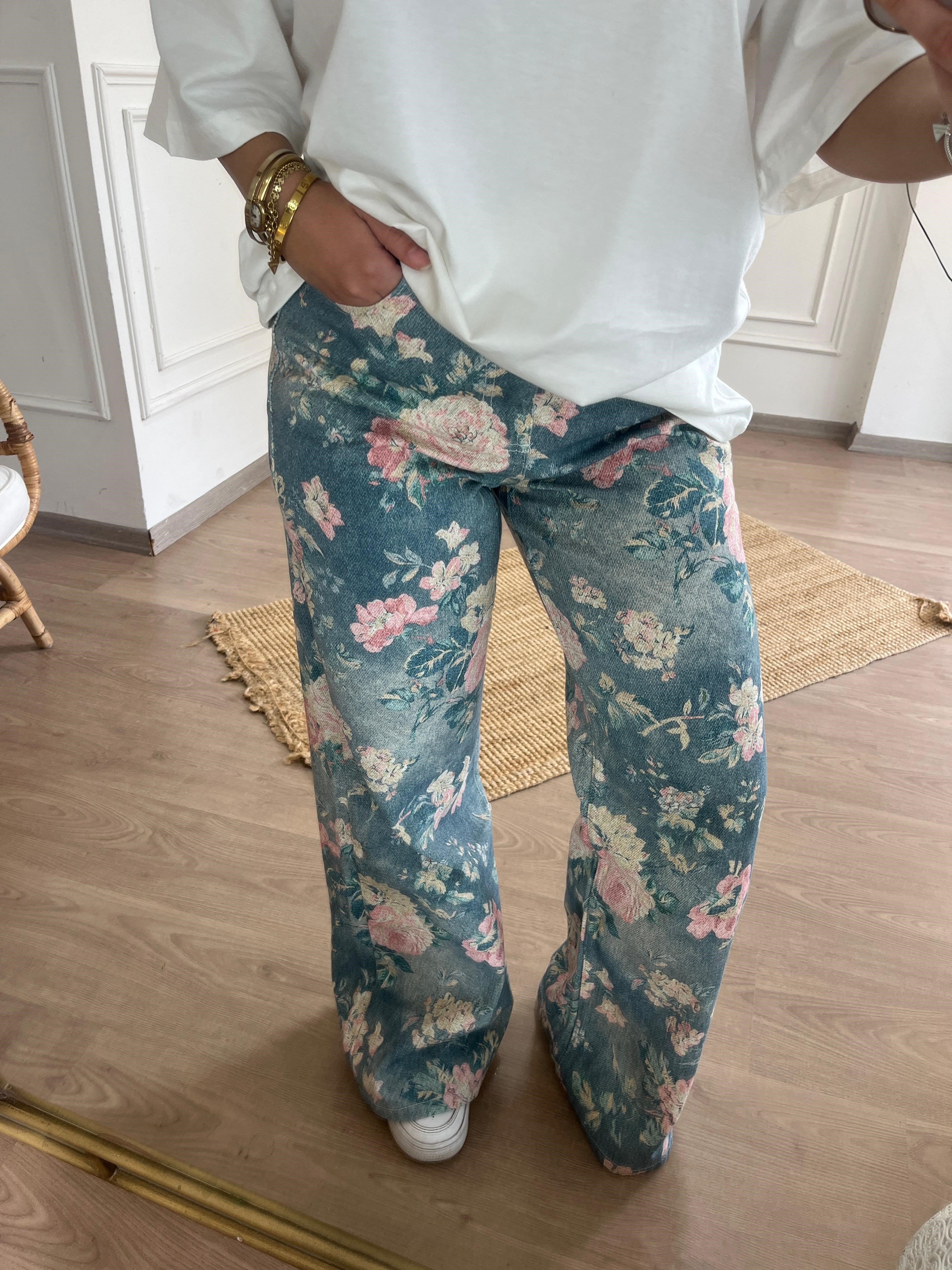 Çiçekli Jean Pantolon