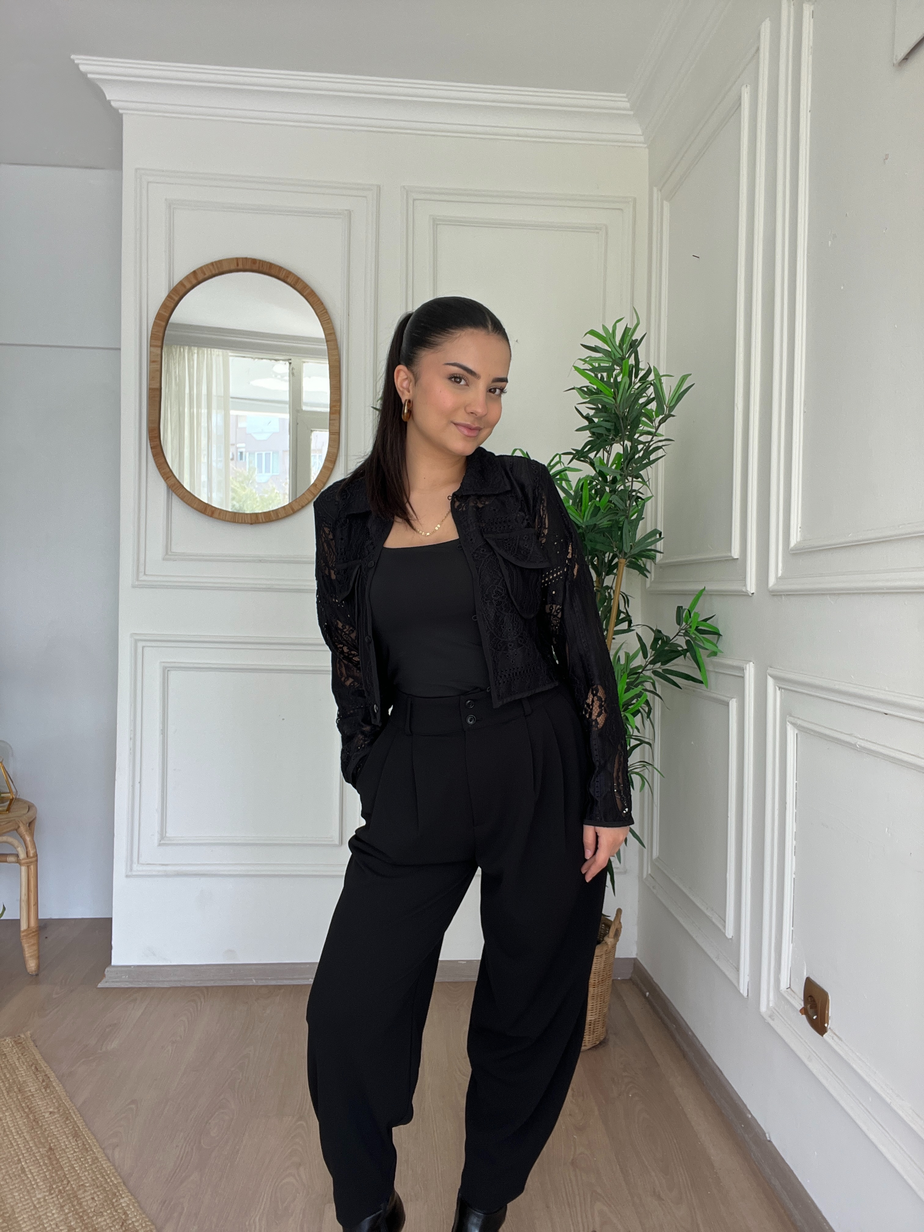 Çift Pileli Yüksek Bel Havuç Kesim KUmaş Pantolon Siyah