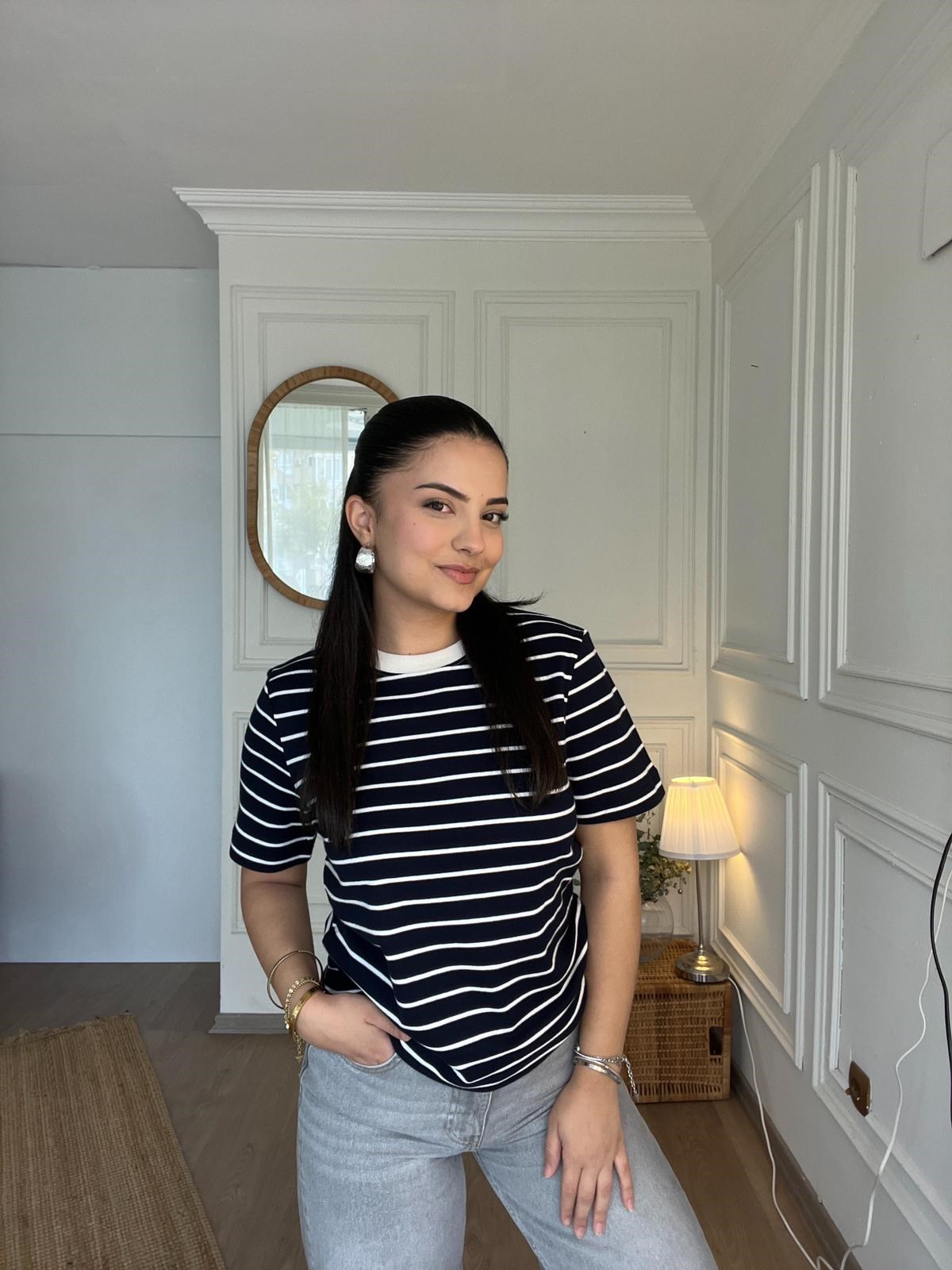 Çizgili Basic Tshirt Lacivert