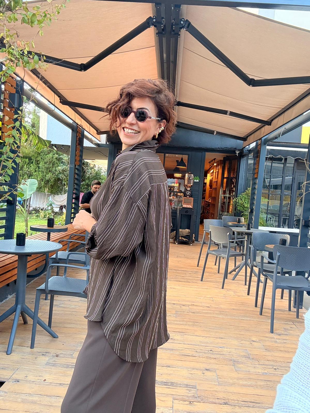 Çizgili Geniş Kalıp Tek Cepli Gömlek Kahverengi