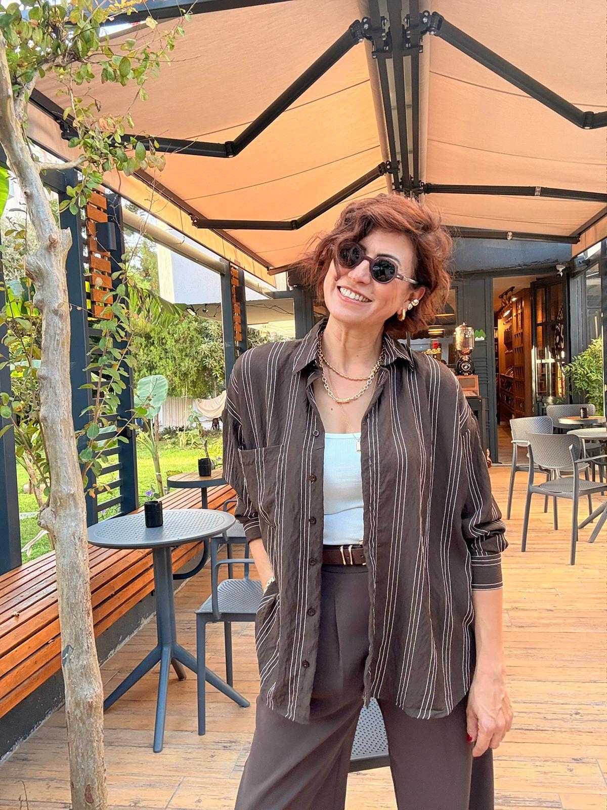 Çizgili Geniş Kalıp Tek Cepli Gömlek Kahverengi