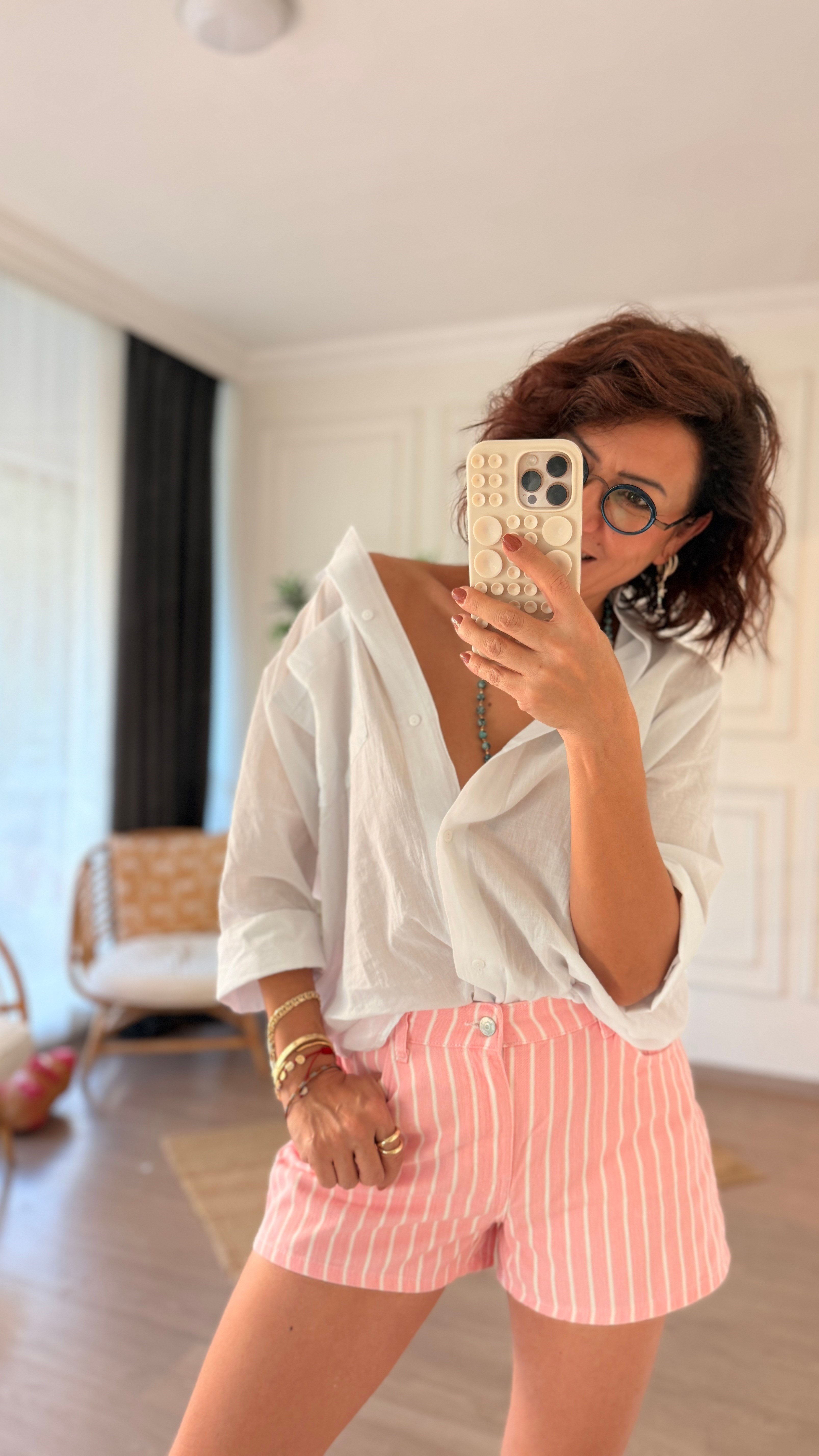 Çizgili Kot Şort Pembe