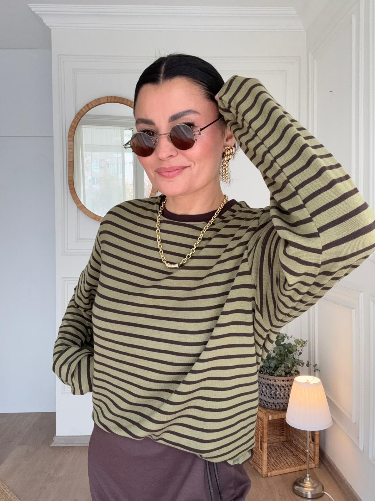Çizgili Sweatshirt Haki