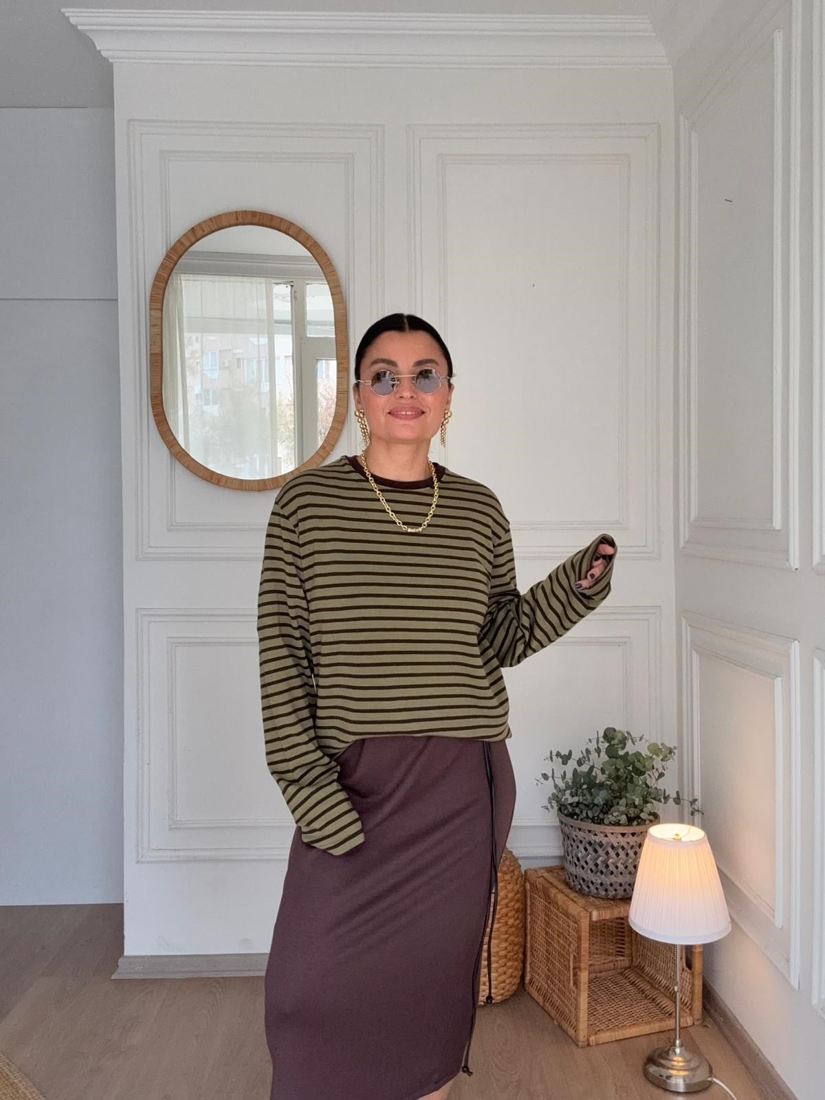 Çizgili Sweatshirt Haki