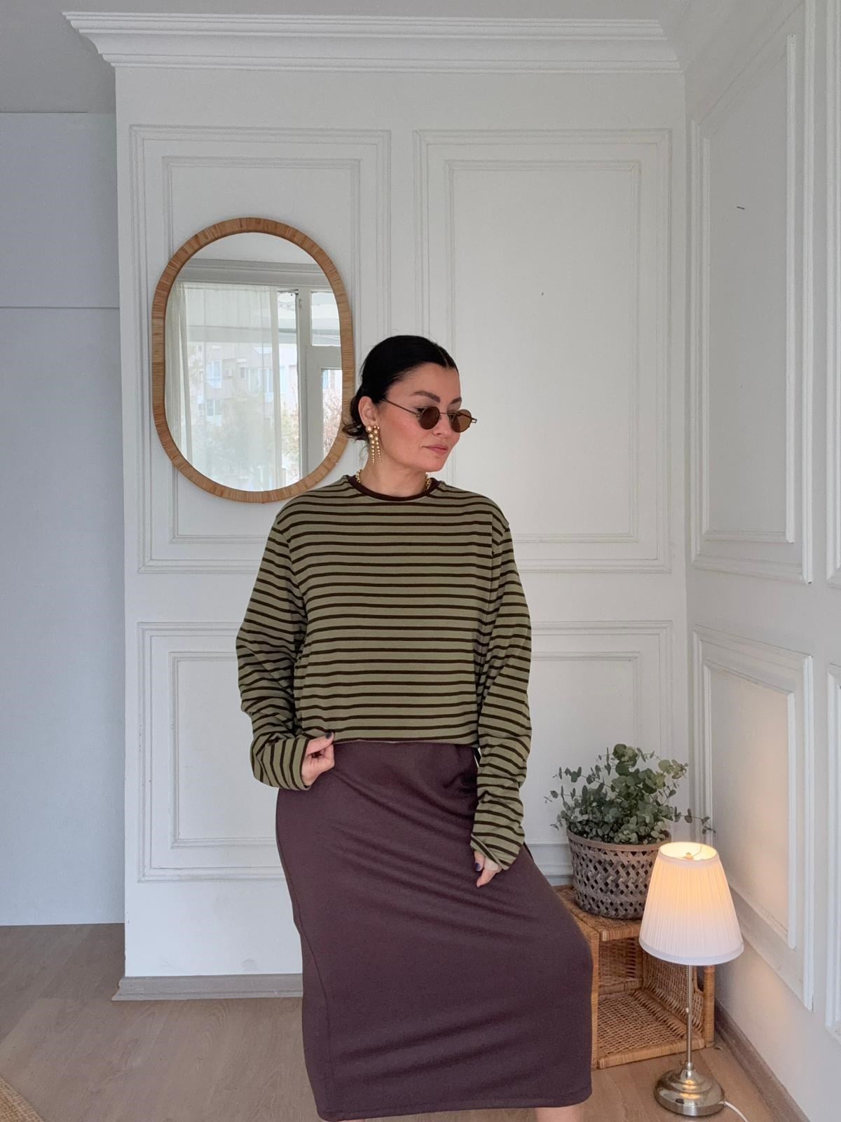 Çizgili Sweatshirt Haki
