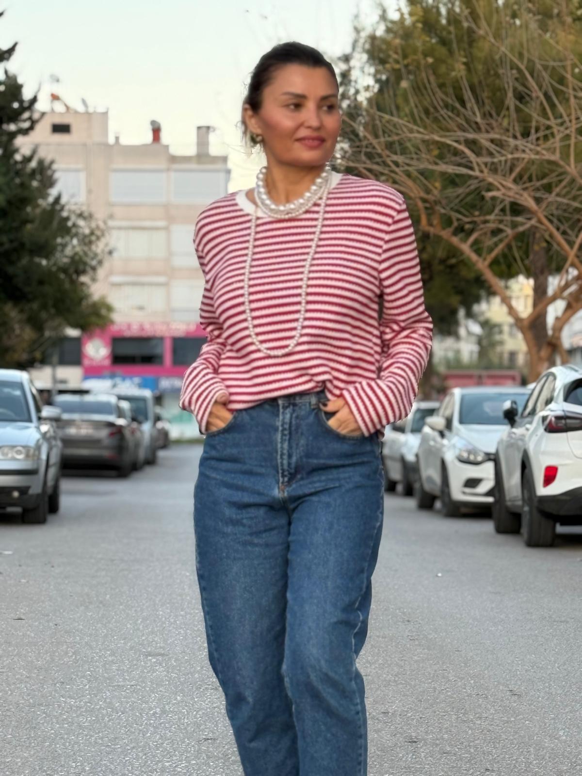 Çizgili Sweatshirt Kırmızı