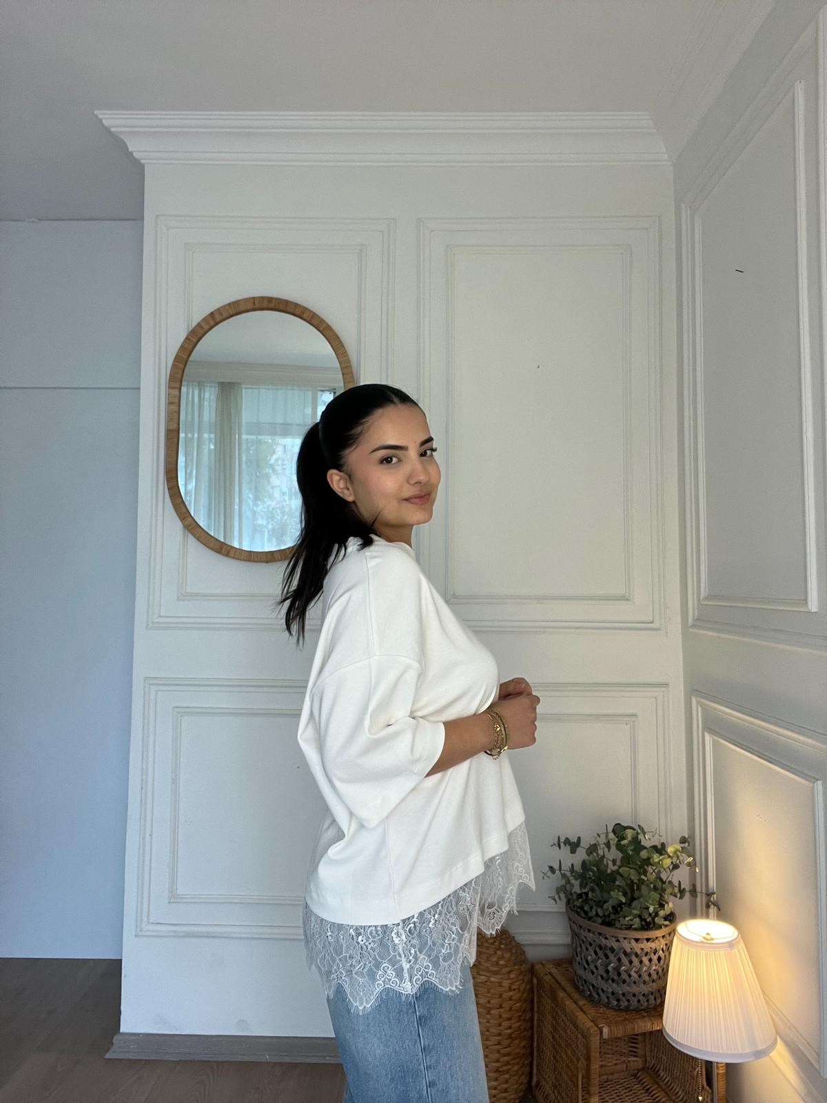 Dantel Detaylı Basic Tshirt Beyaz