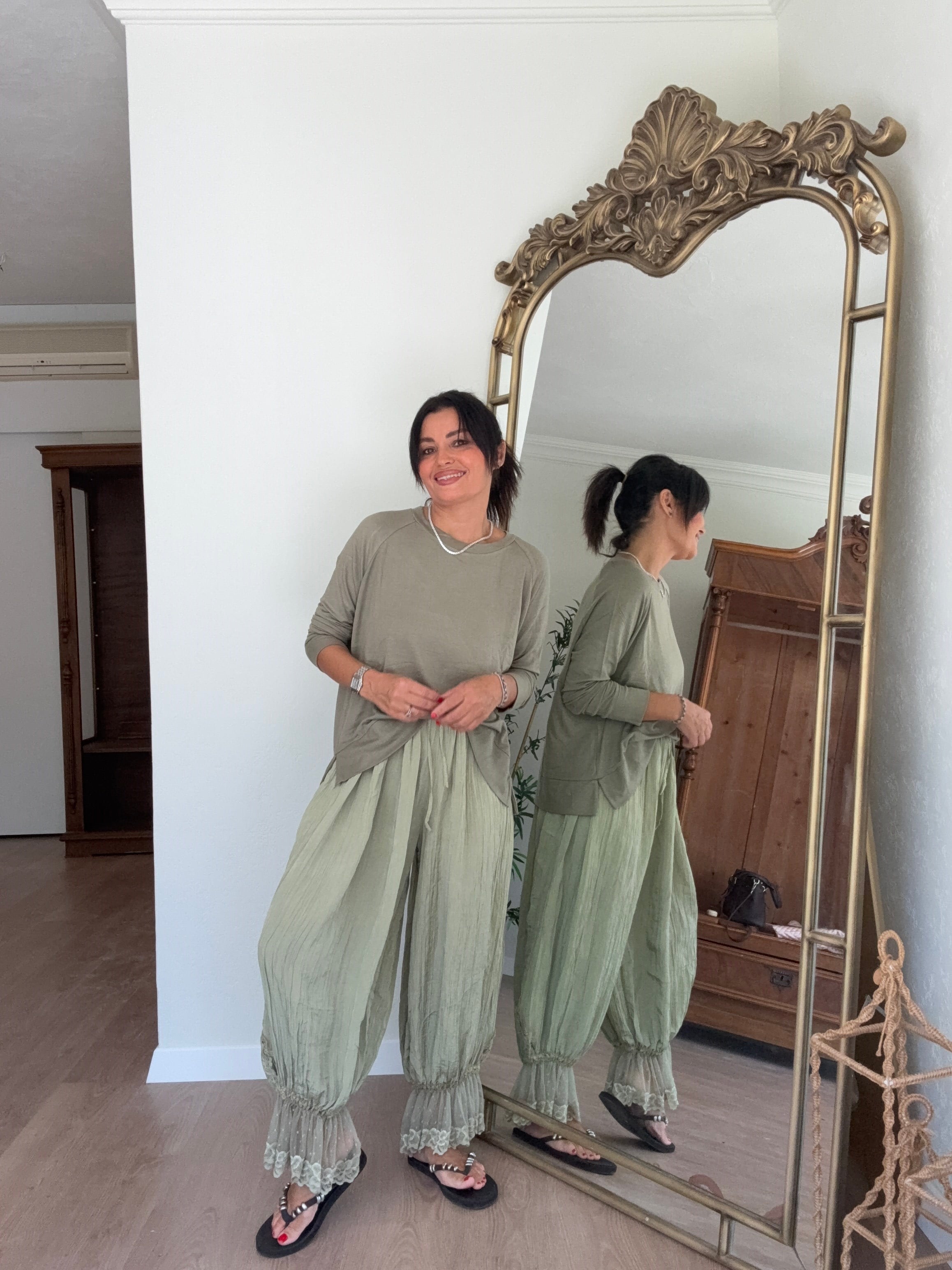 Dantel Detaylı Şalvar Yağ Yeşili