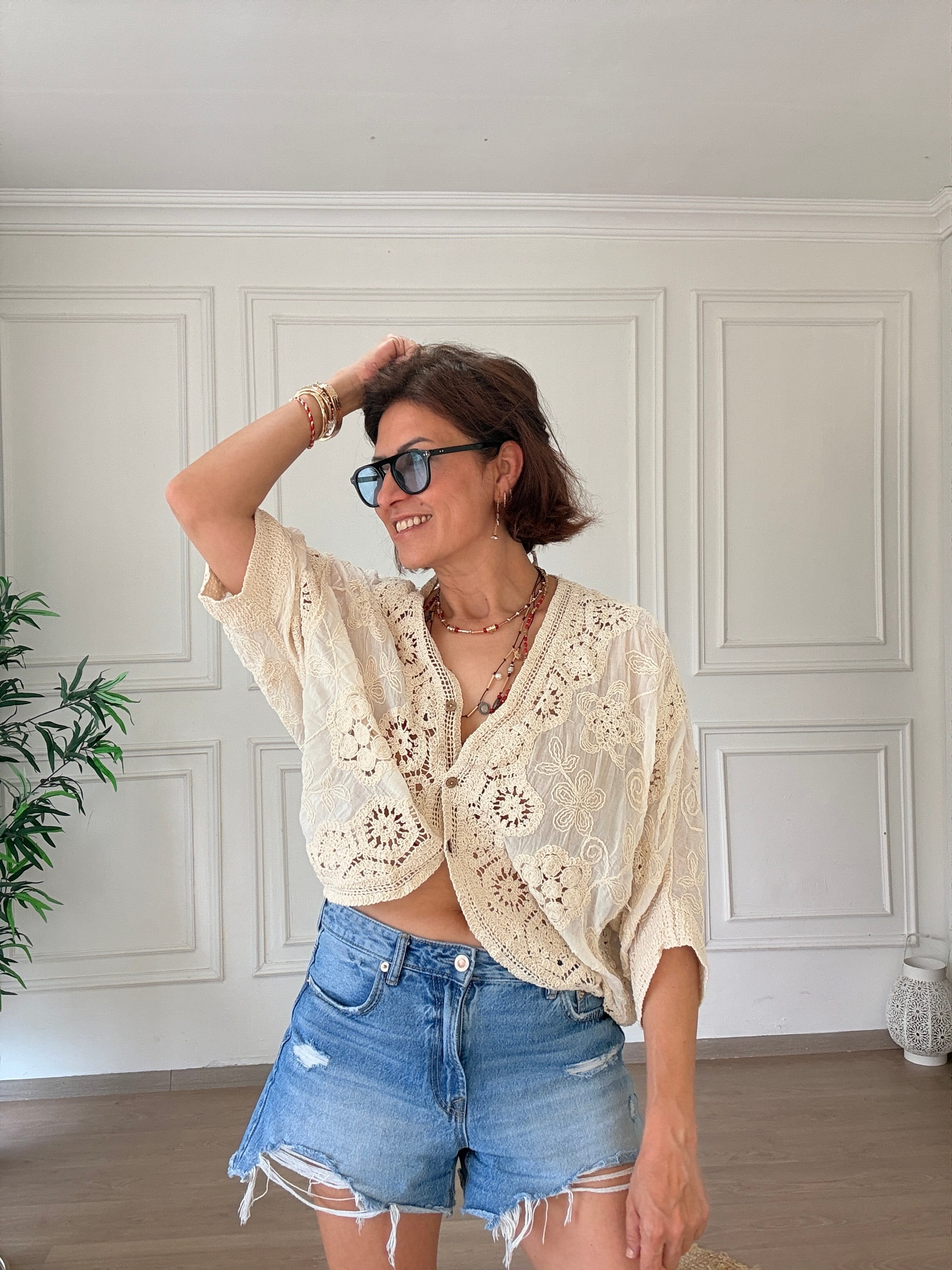 Dantel natural kısa Kimono