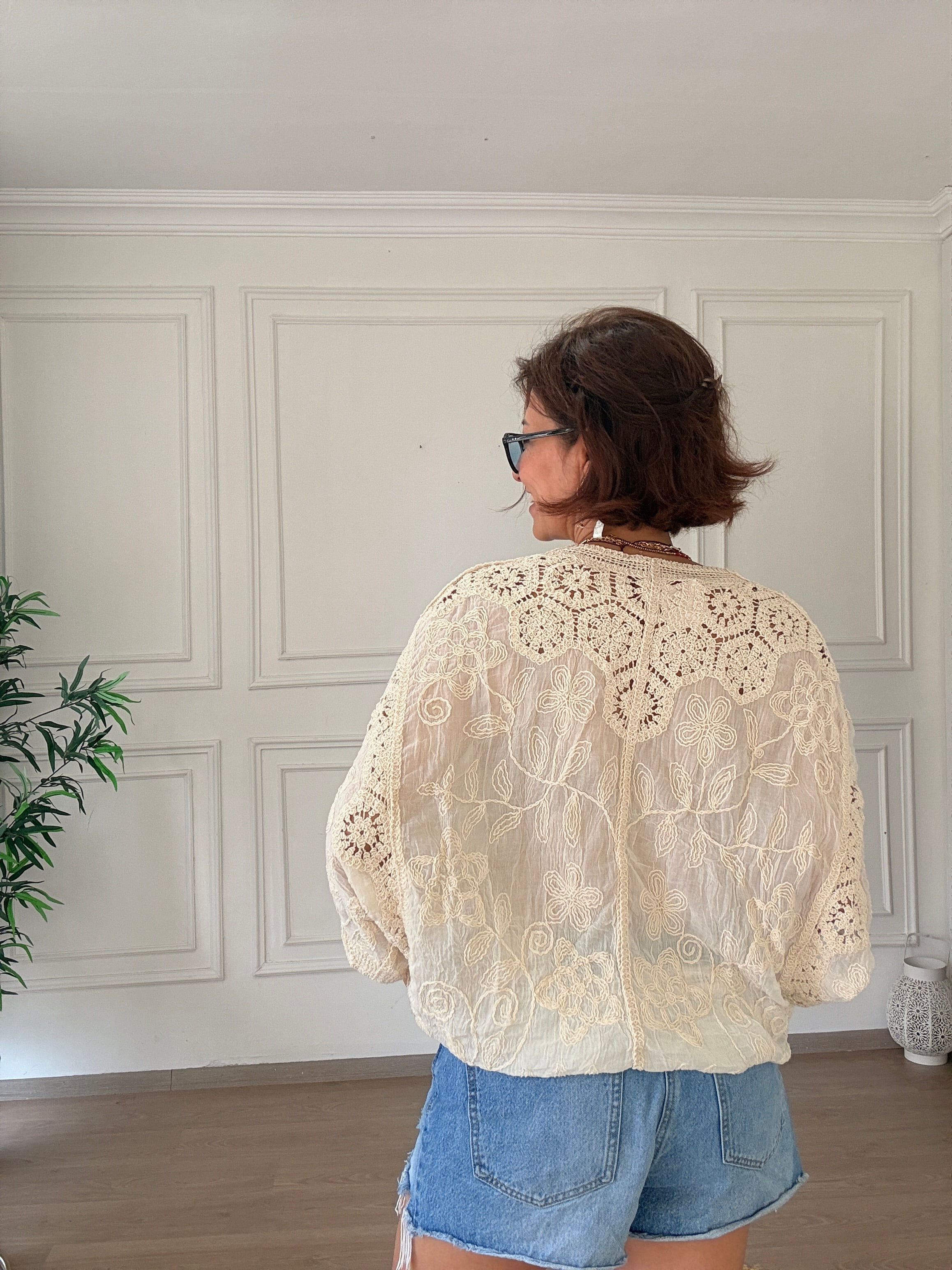 Dantel natural kısa Kimono