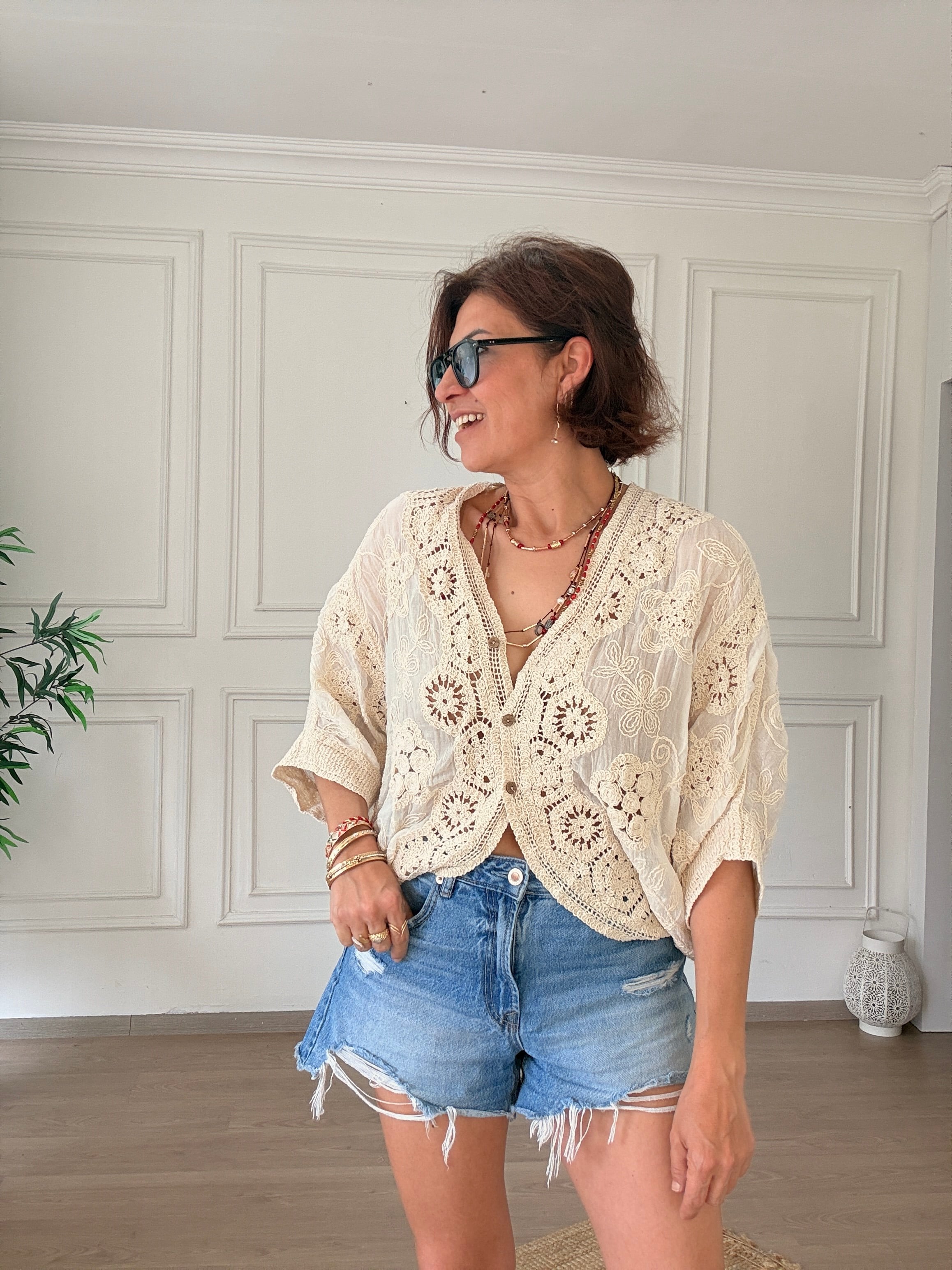 Dantel natural kısa Kimono