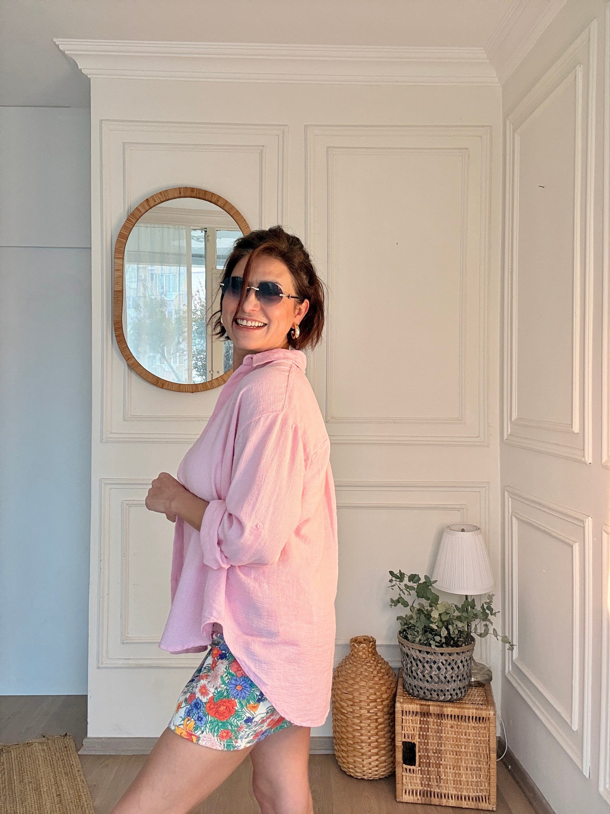 Dokulu Pamuk Gömlek Pembe