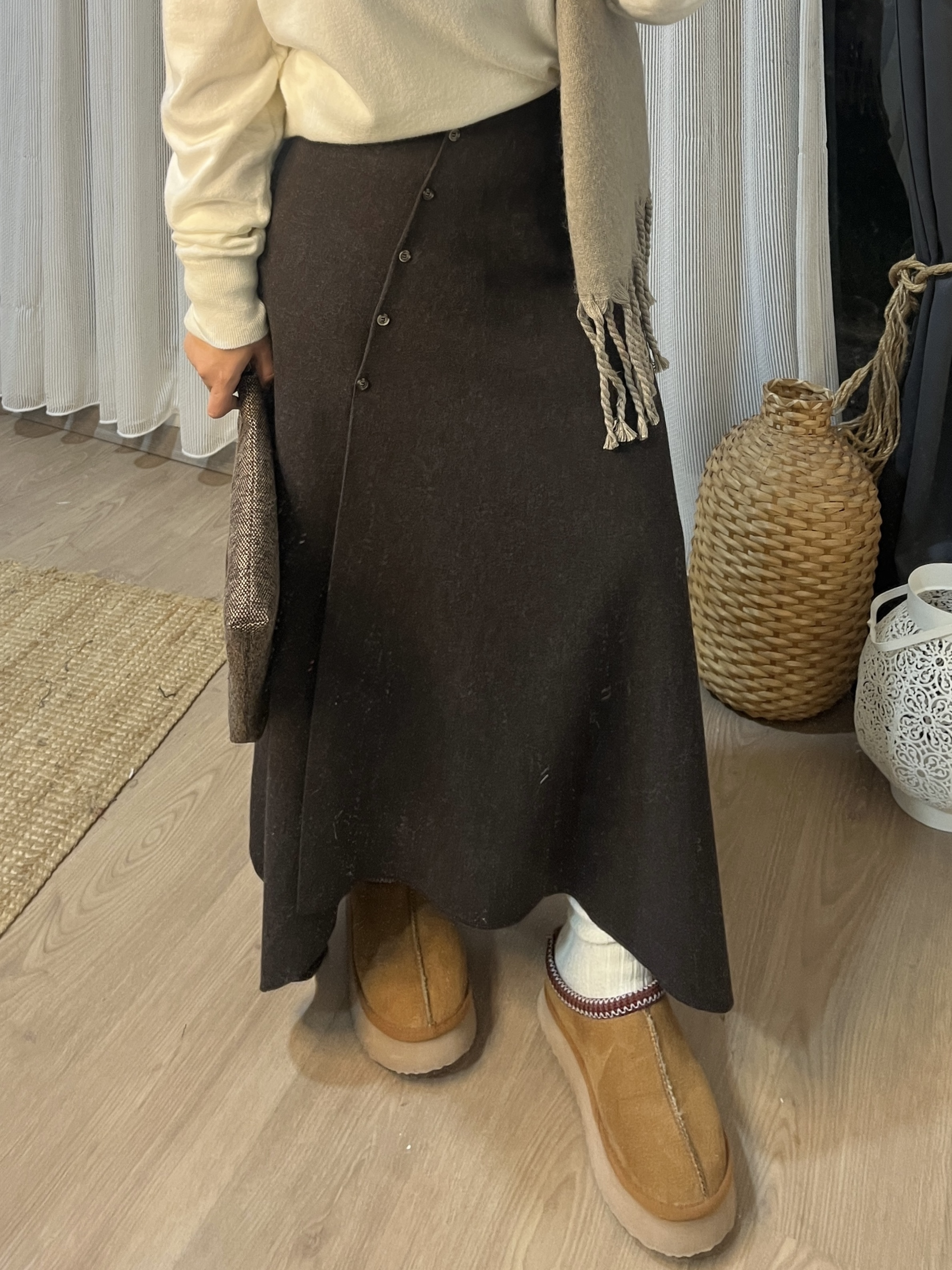 Düğme Detaylı Uzun Etek Kahverengi
