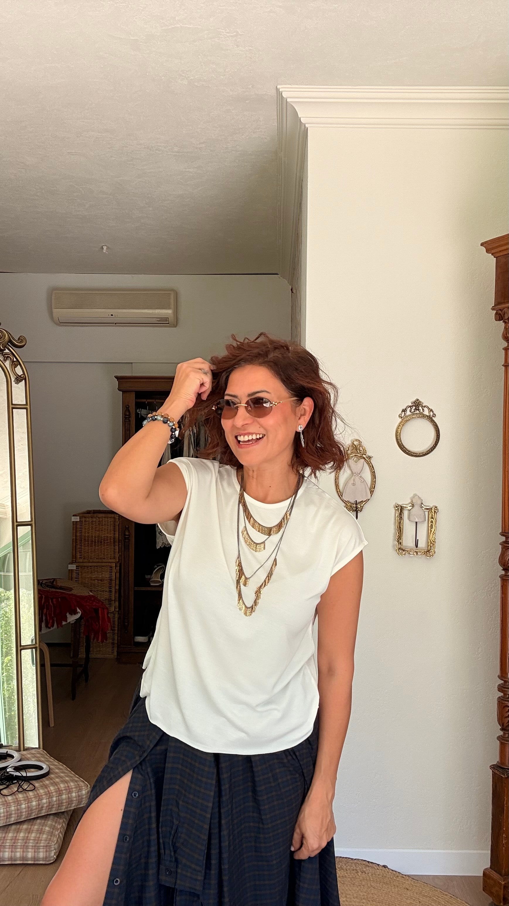 Düşük Kol Bisiklet Yaka Modal Tshirt Ekru