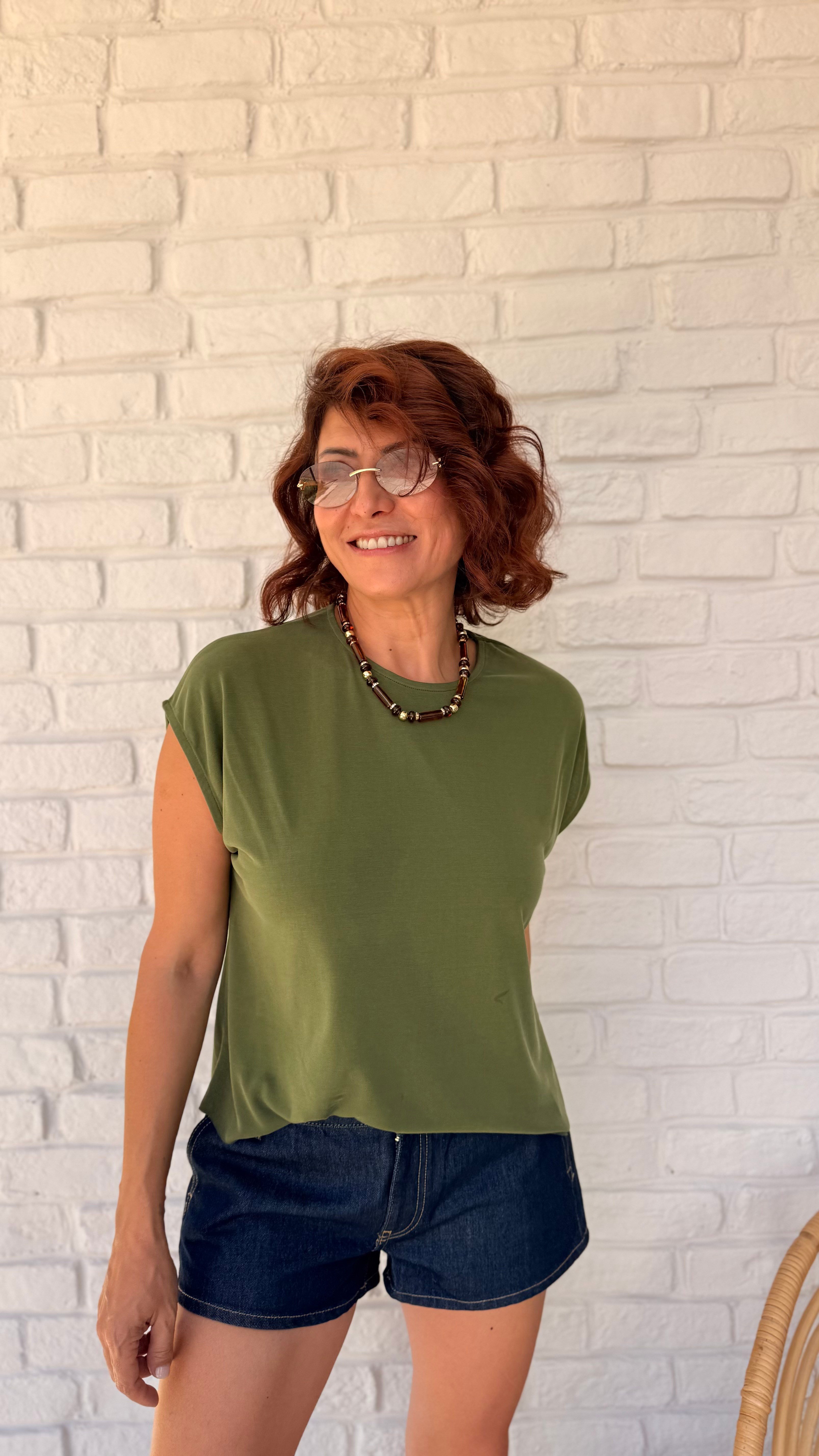 Düşük Kol Bisiklet Yaka Modal Tshirt Yeşil