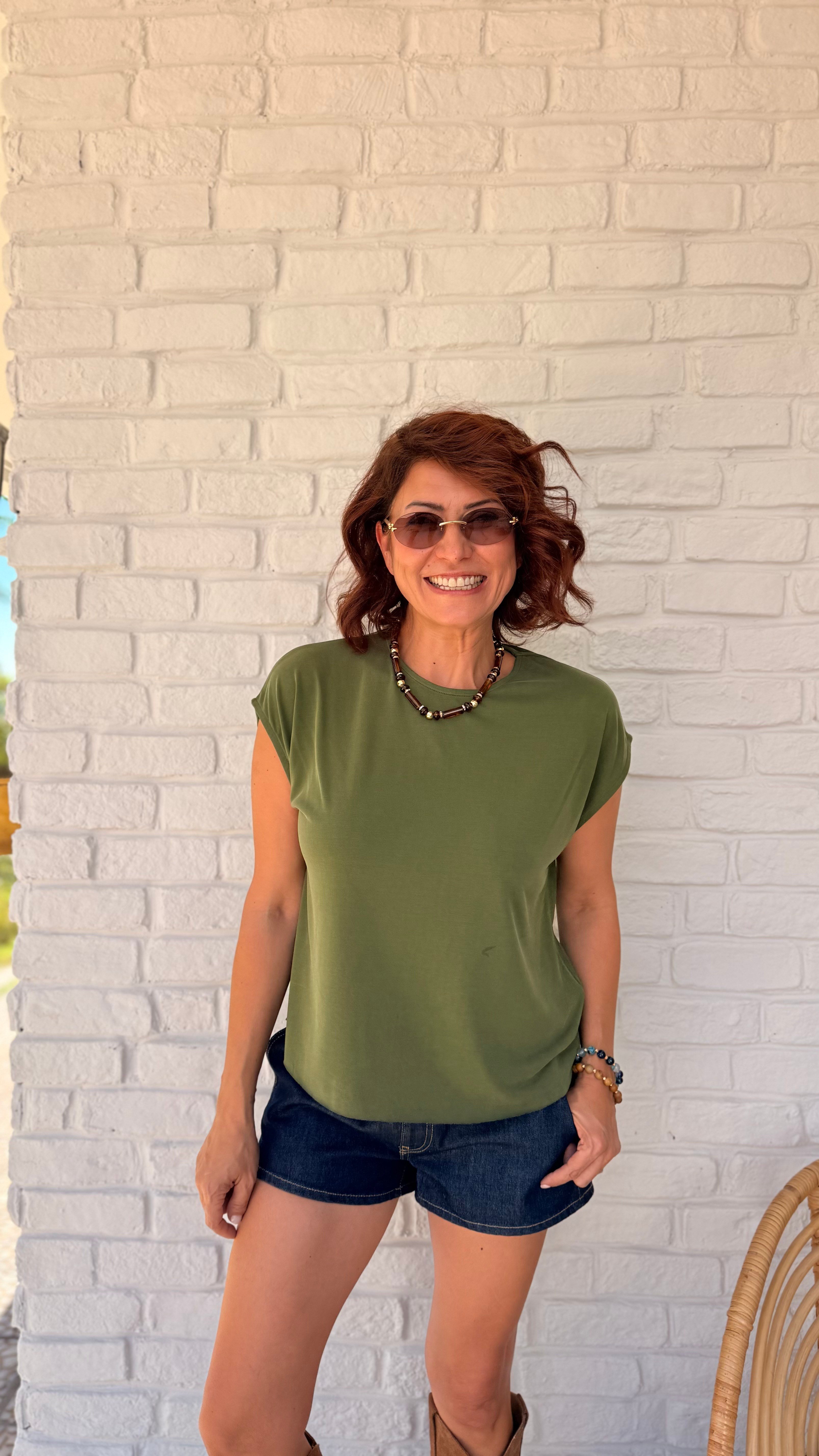 Düşük Kol Bisiklet Yaka Modal Tshirt Yeşil