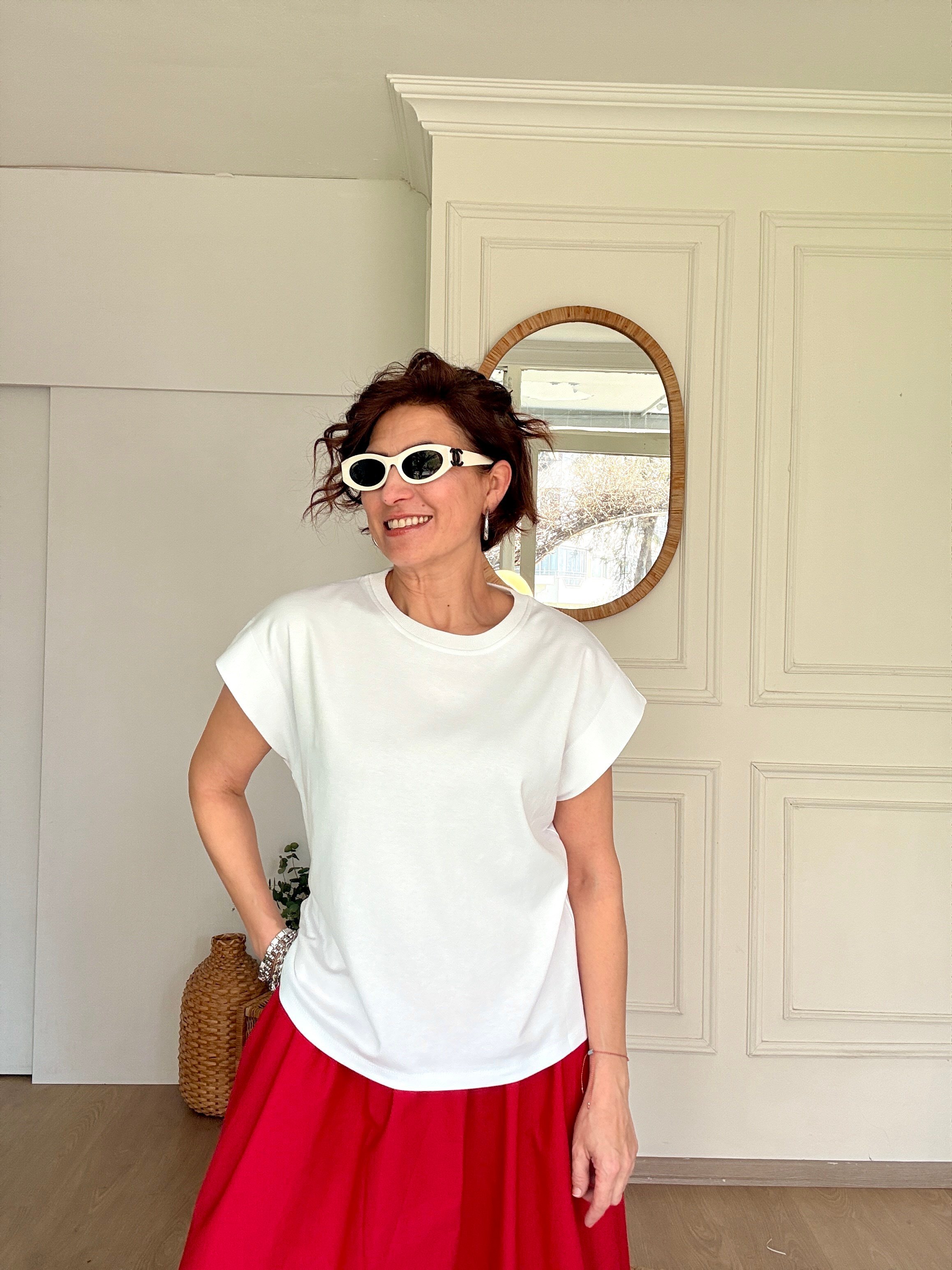 Düşük Kol Pamuklu Tshirt Beyaz
