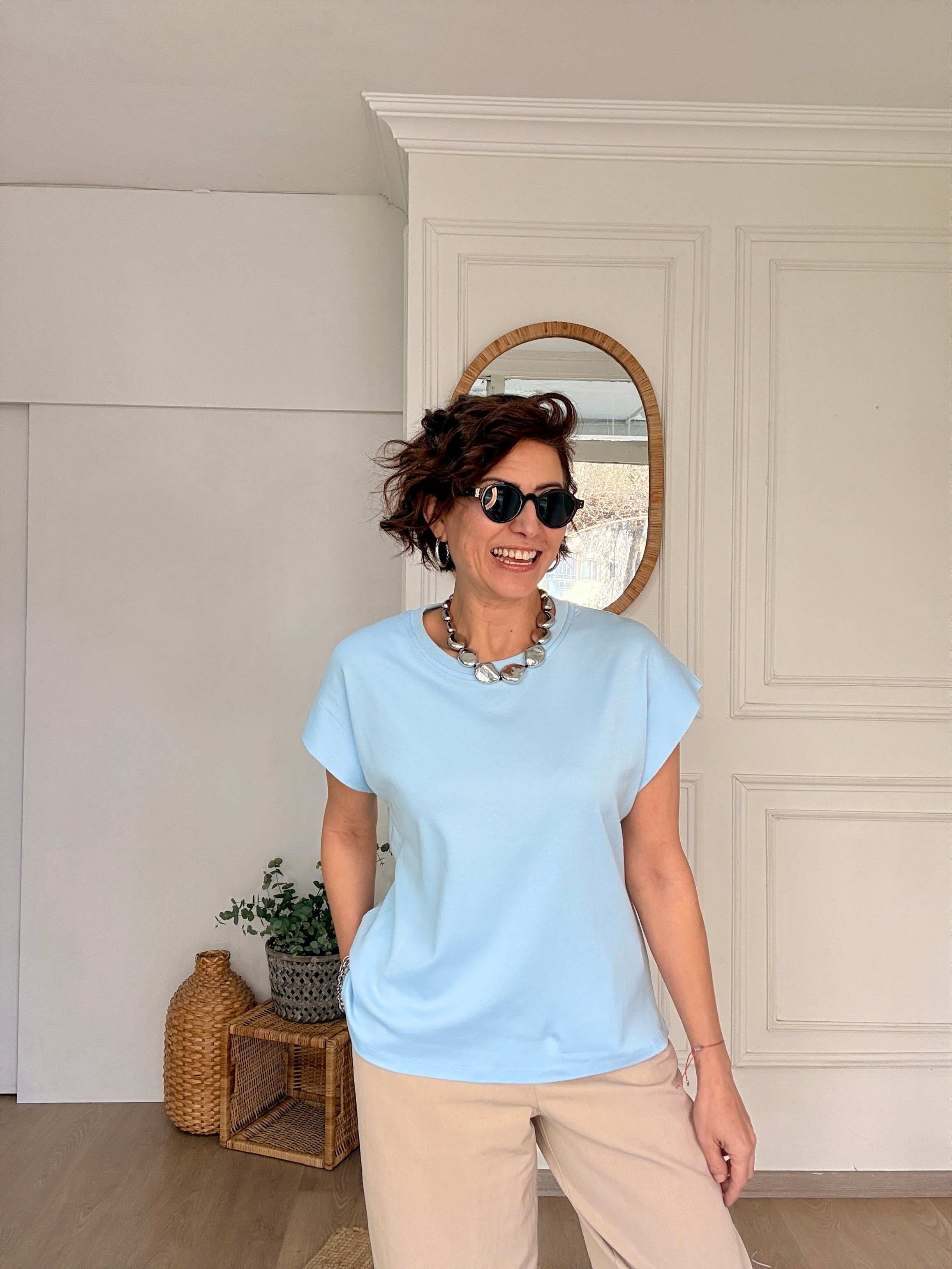 Düşük Kol Pamuklu Tshirt Mavi