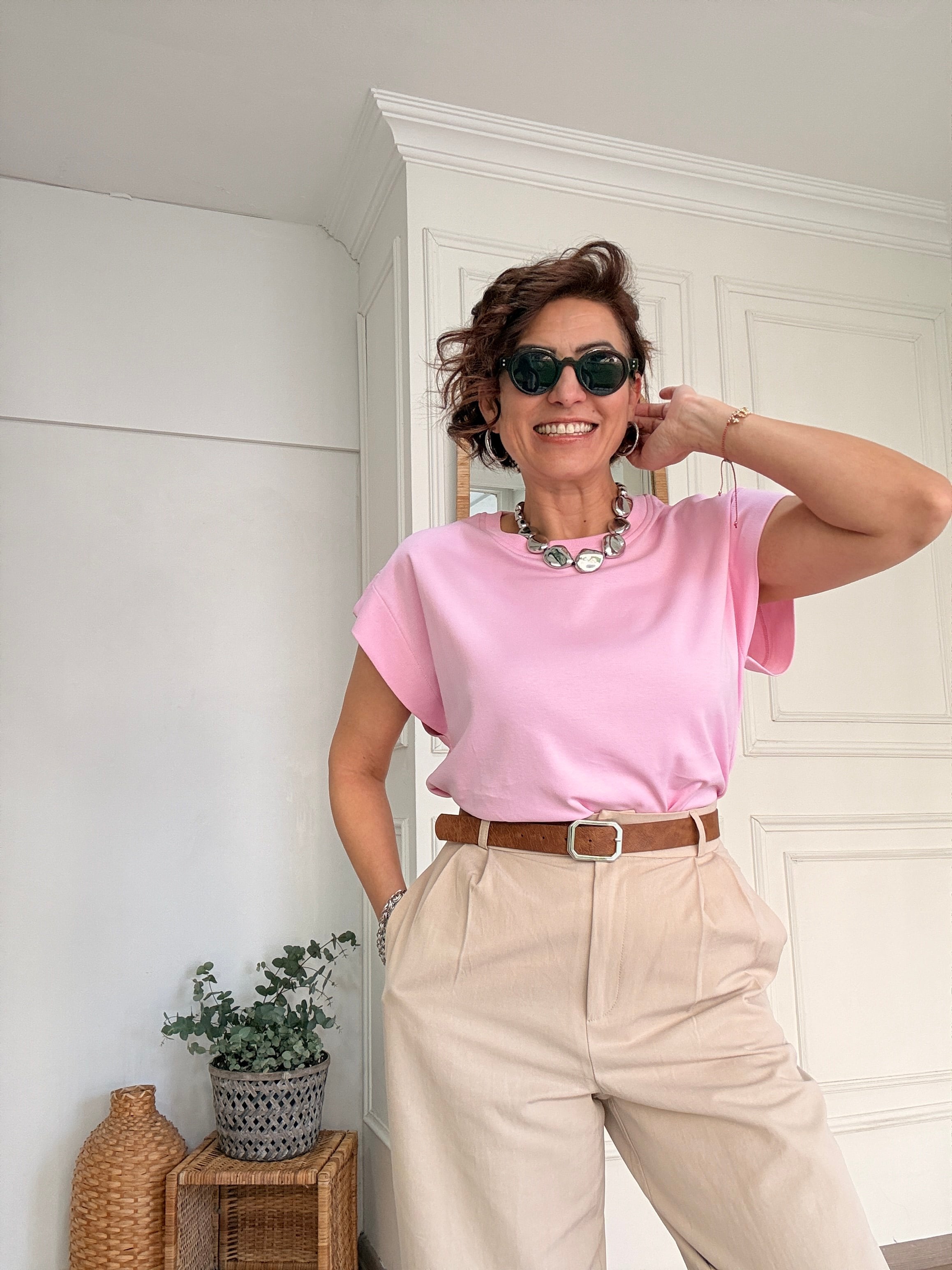 Düşük Kol Pamuklu Tshirt Pembe