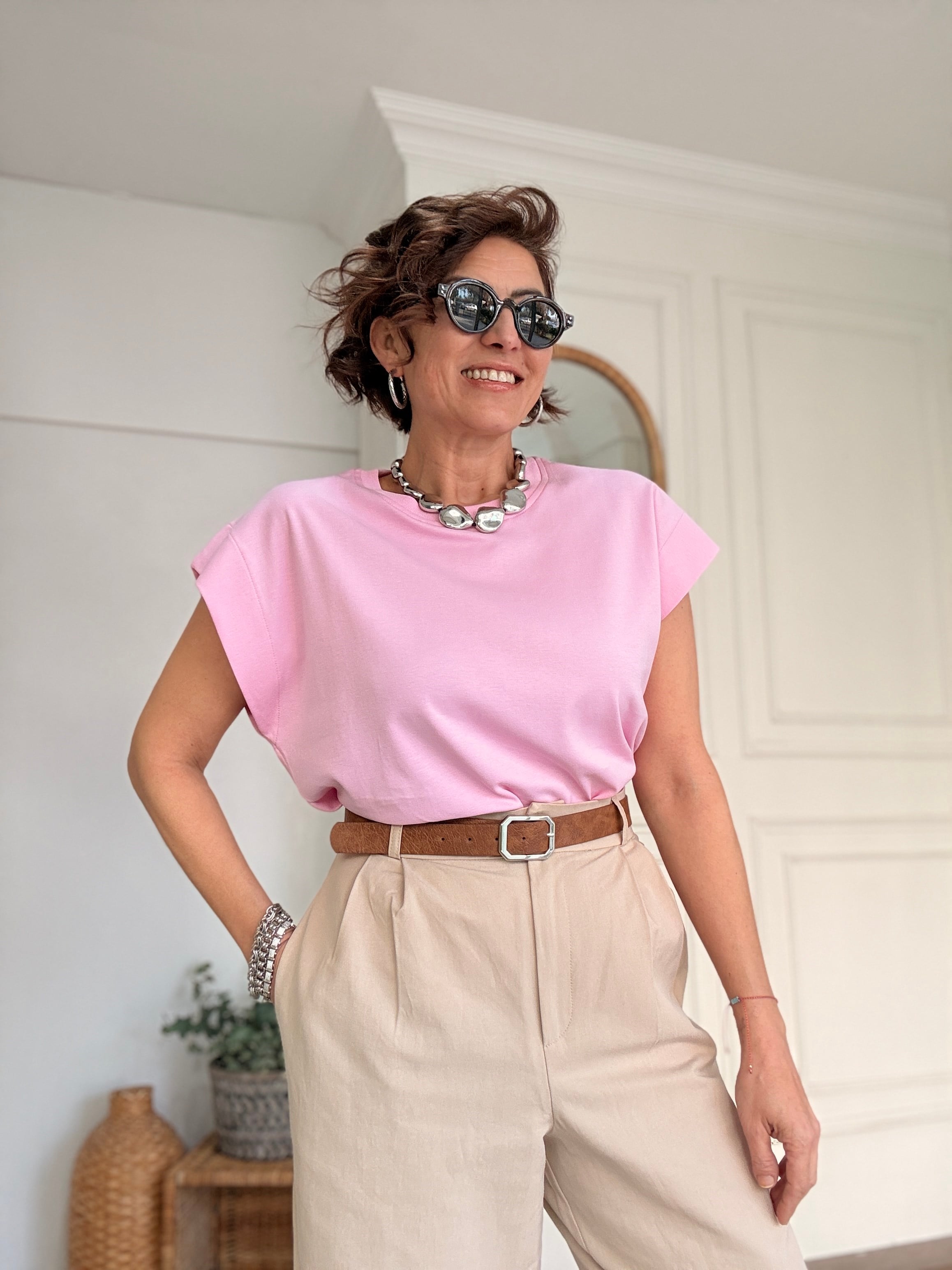 Düşük Kol Pamuklu Tshirt Pembe
