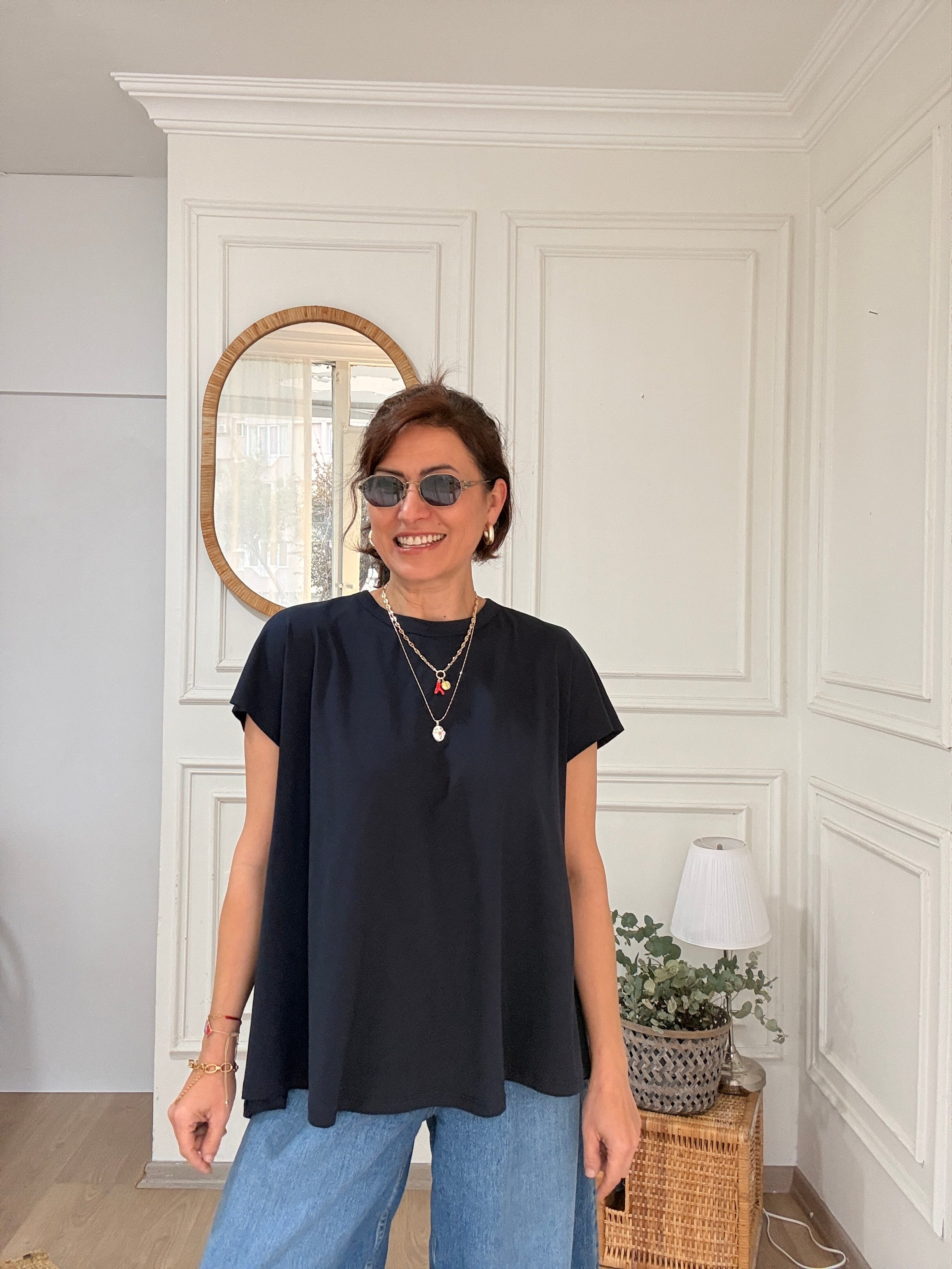 Düşük Kol Salaş Tshirt Lacivert