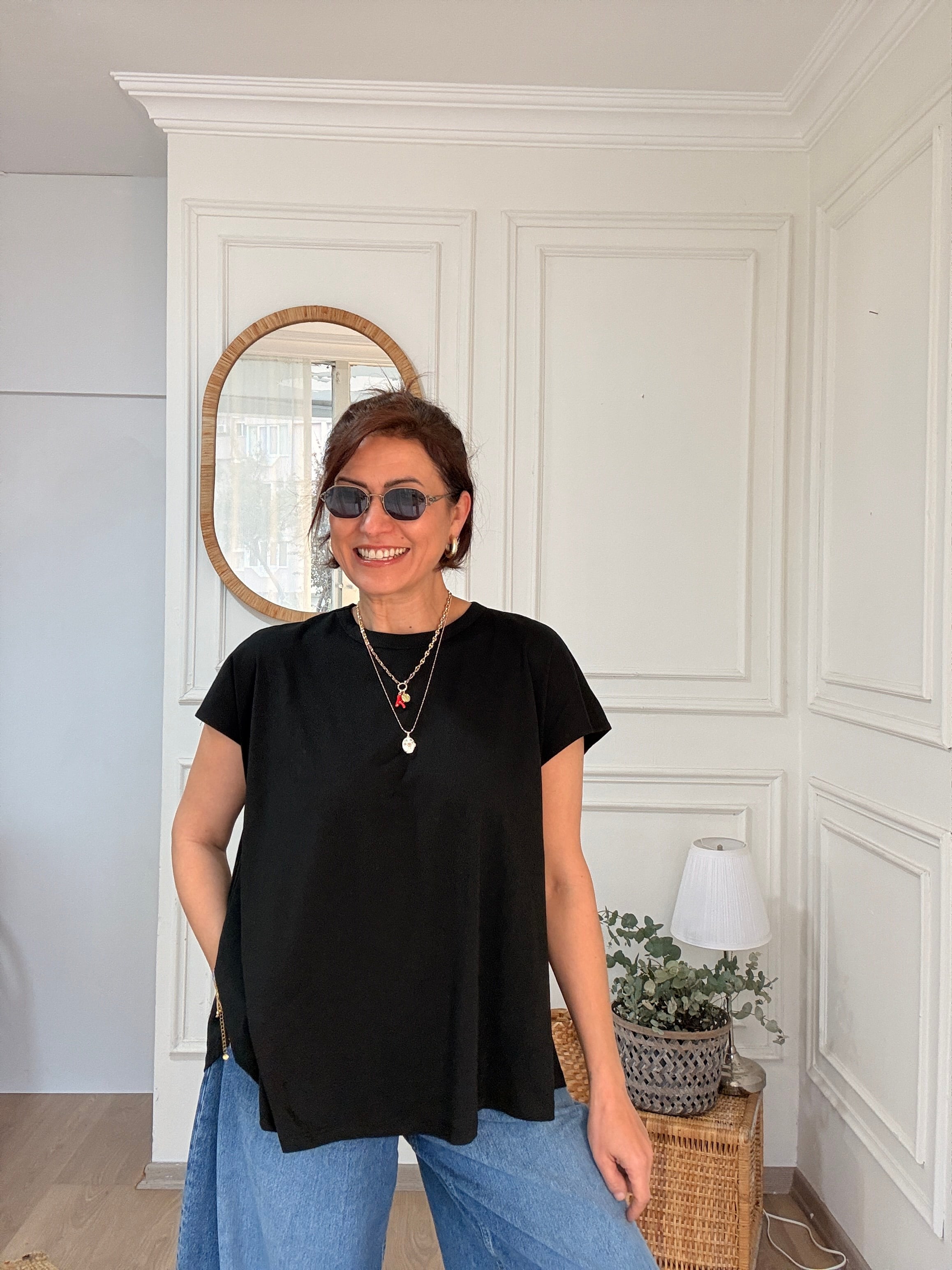 Düşük Kol Salaş Tshirt Siyah