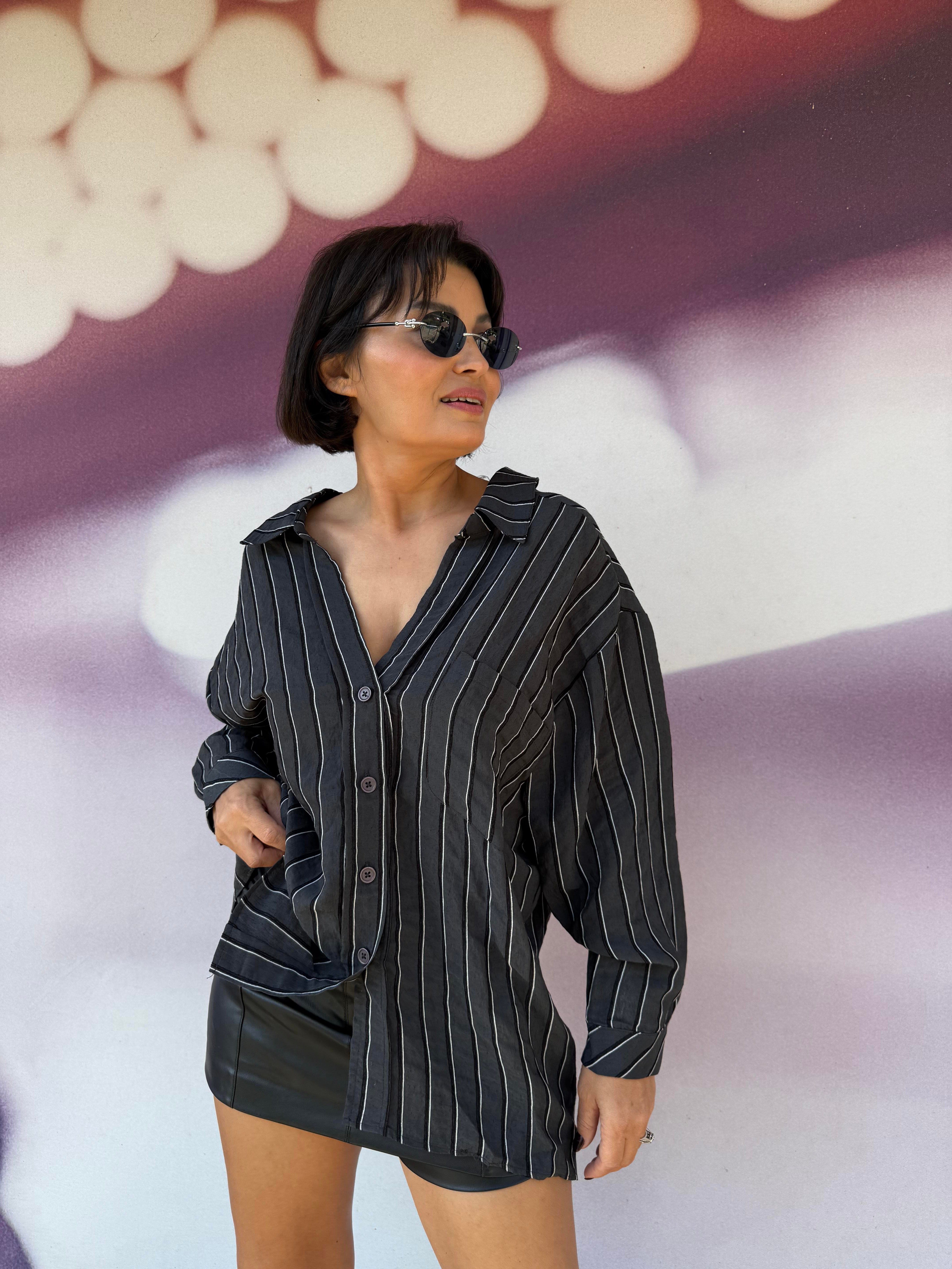 Düşük Omuzlu Oversize Gömlek Çizgili Gri