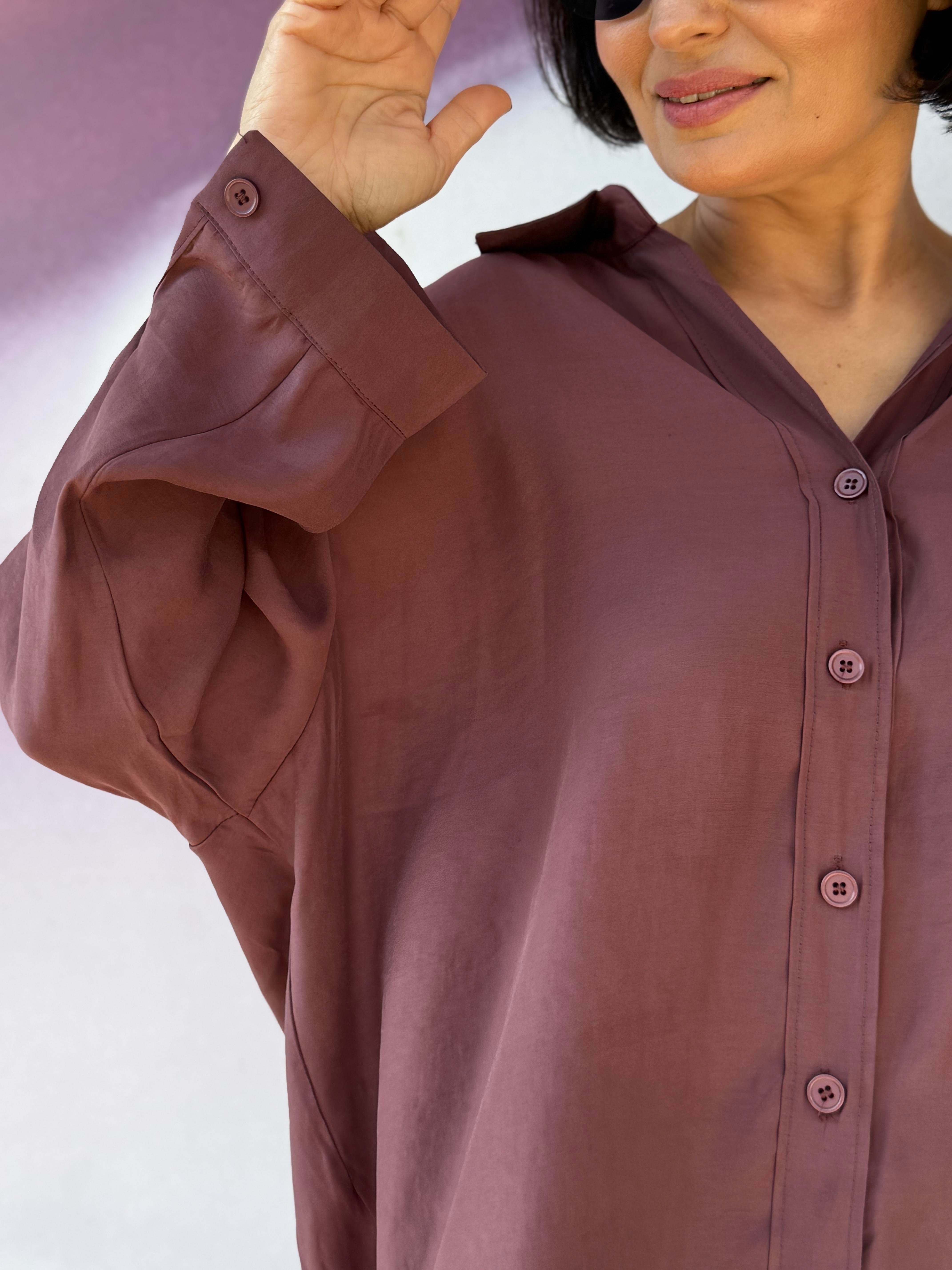Düşük Omuzlu Oversize Gömlek Mürdüm