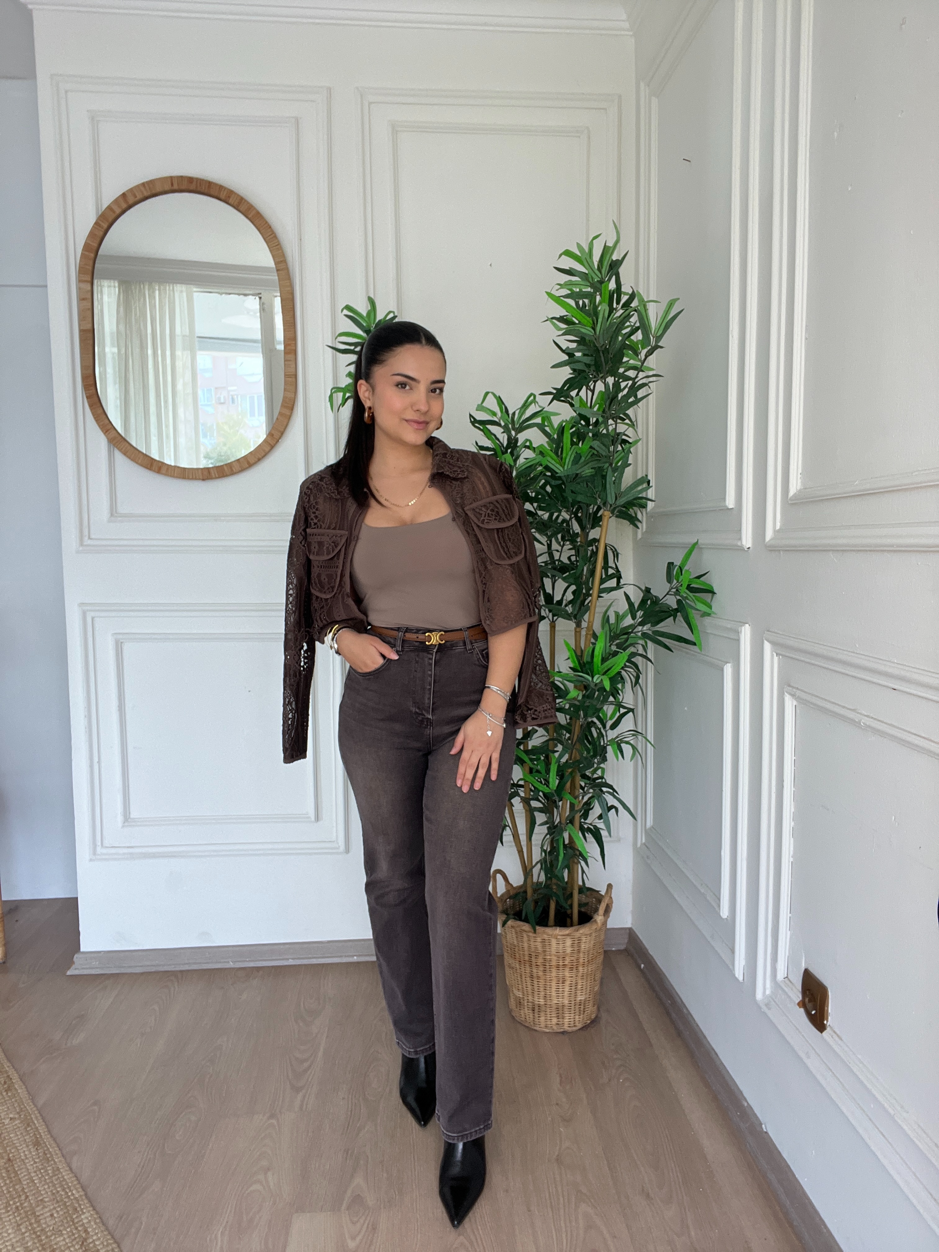 Düz Paça Likralı Jean Kahverengi