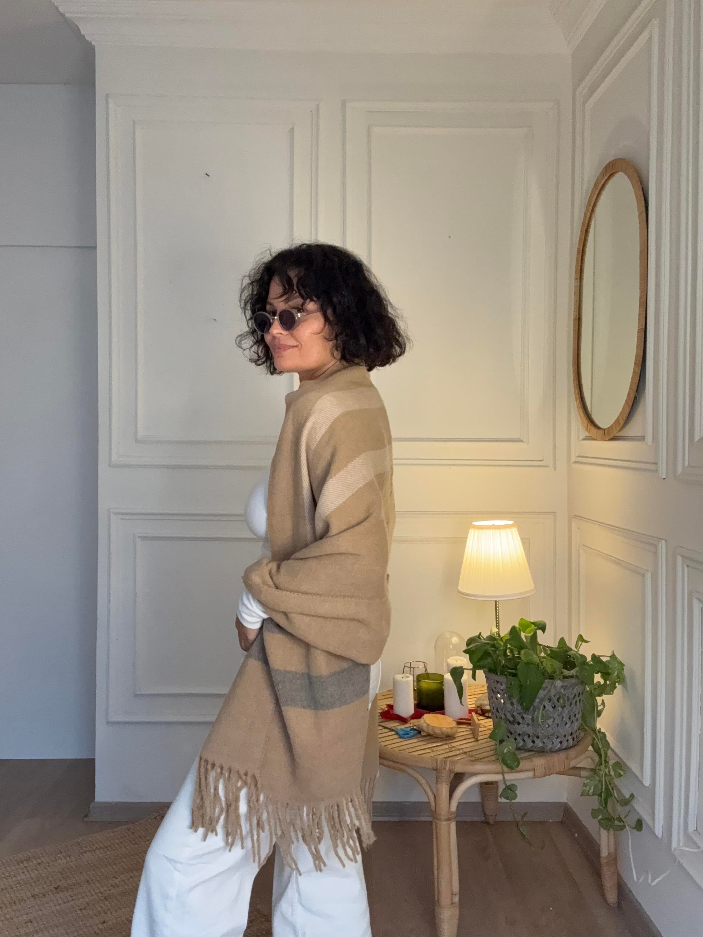 Ekoseli Büyük Yün Atkı Bej 70*195 cm