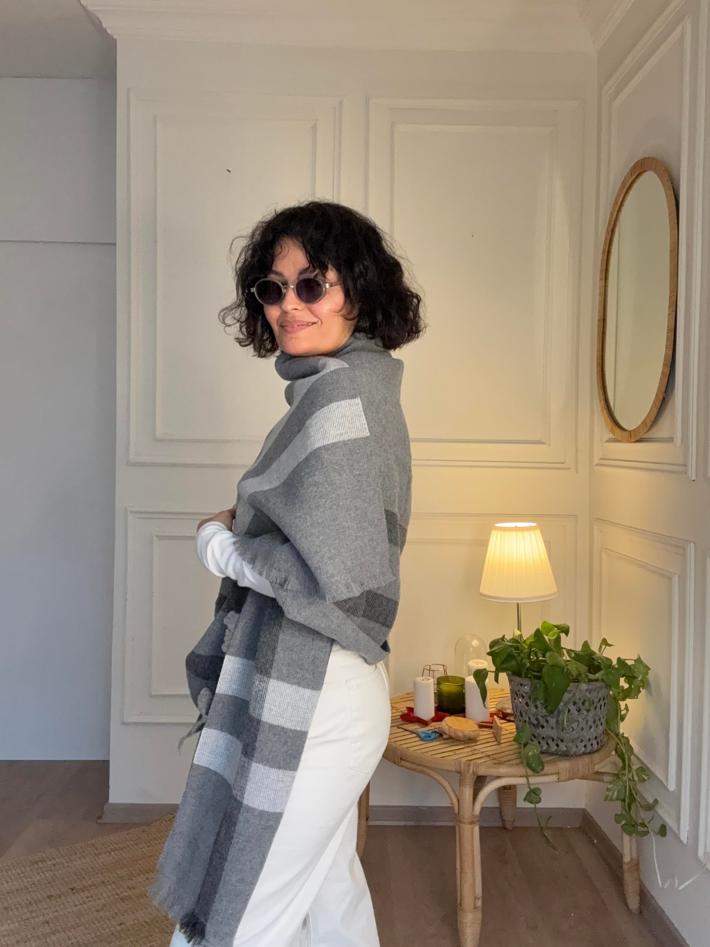 Ekoseli Büyük Yün Atkı Gri-Ekru 70*195 cm