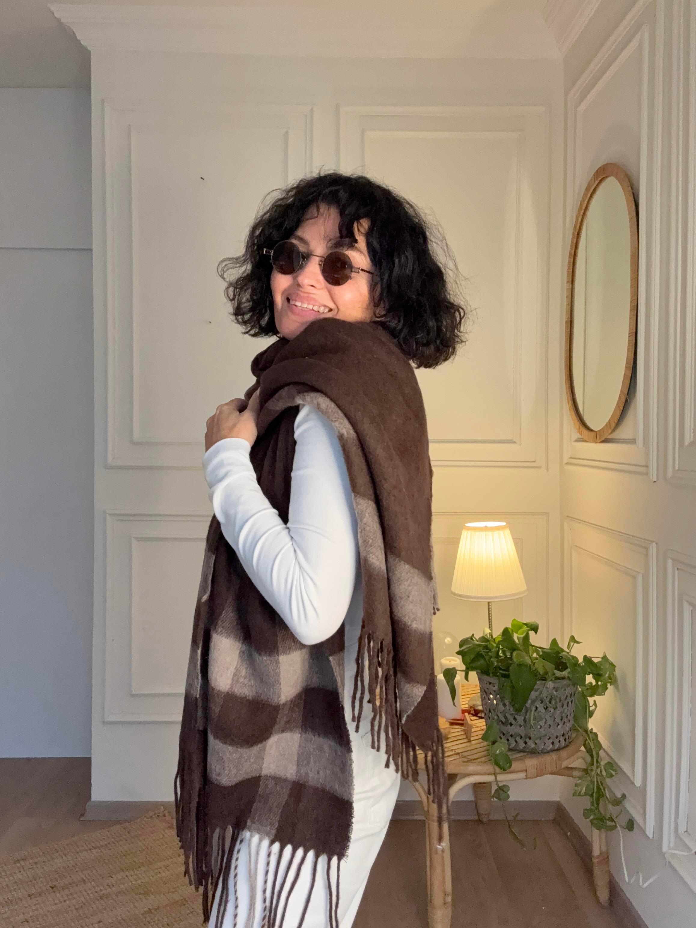 Ekoseli Büyük Yün Atkı Kahverengi 70*195 cm