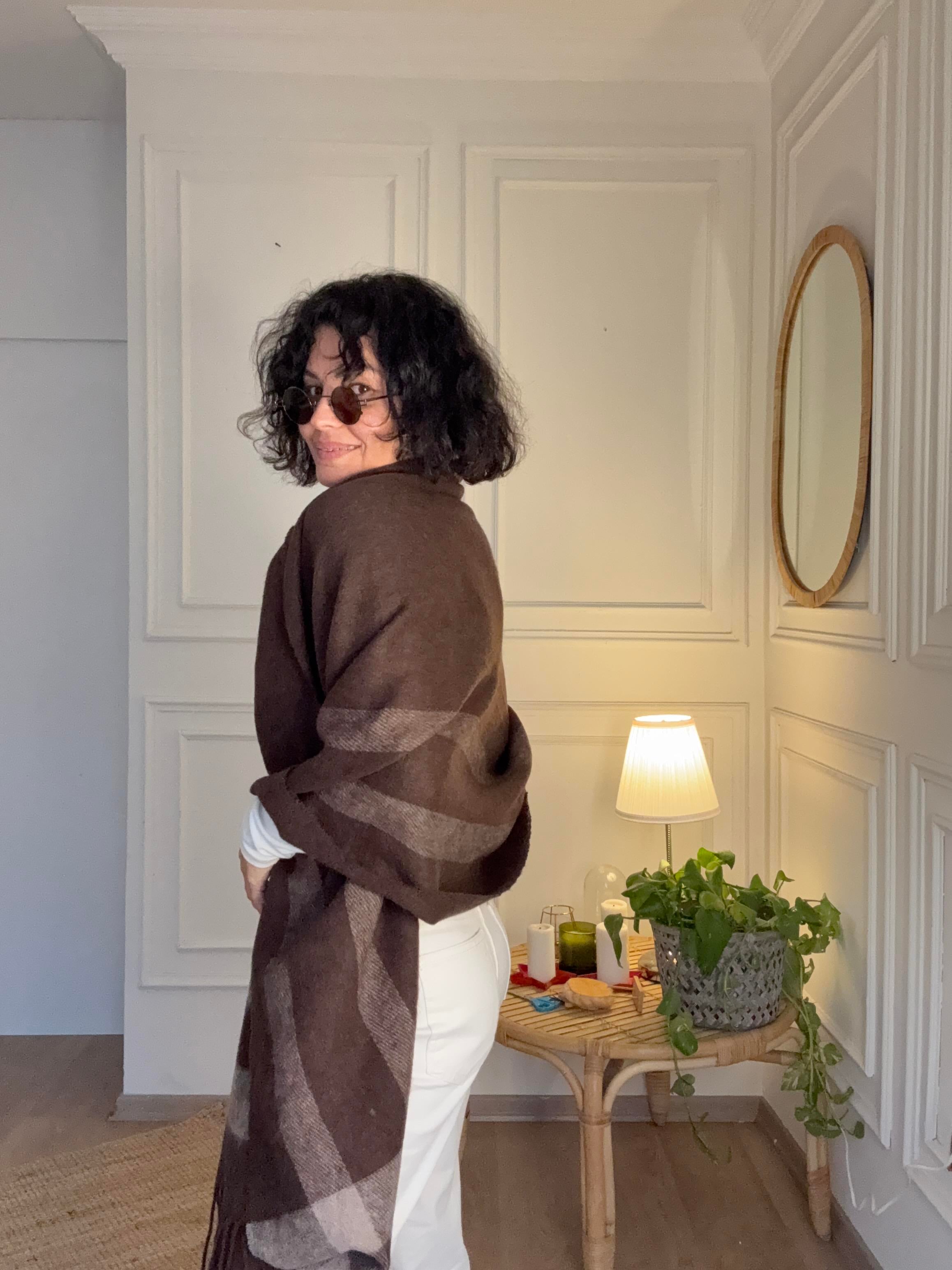 Ekoseli Büyük Yün Atkı Kahverengi 70*195 cm