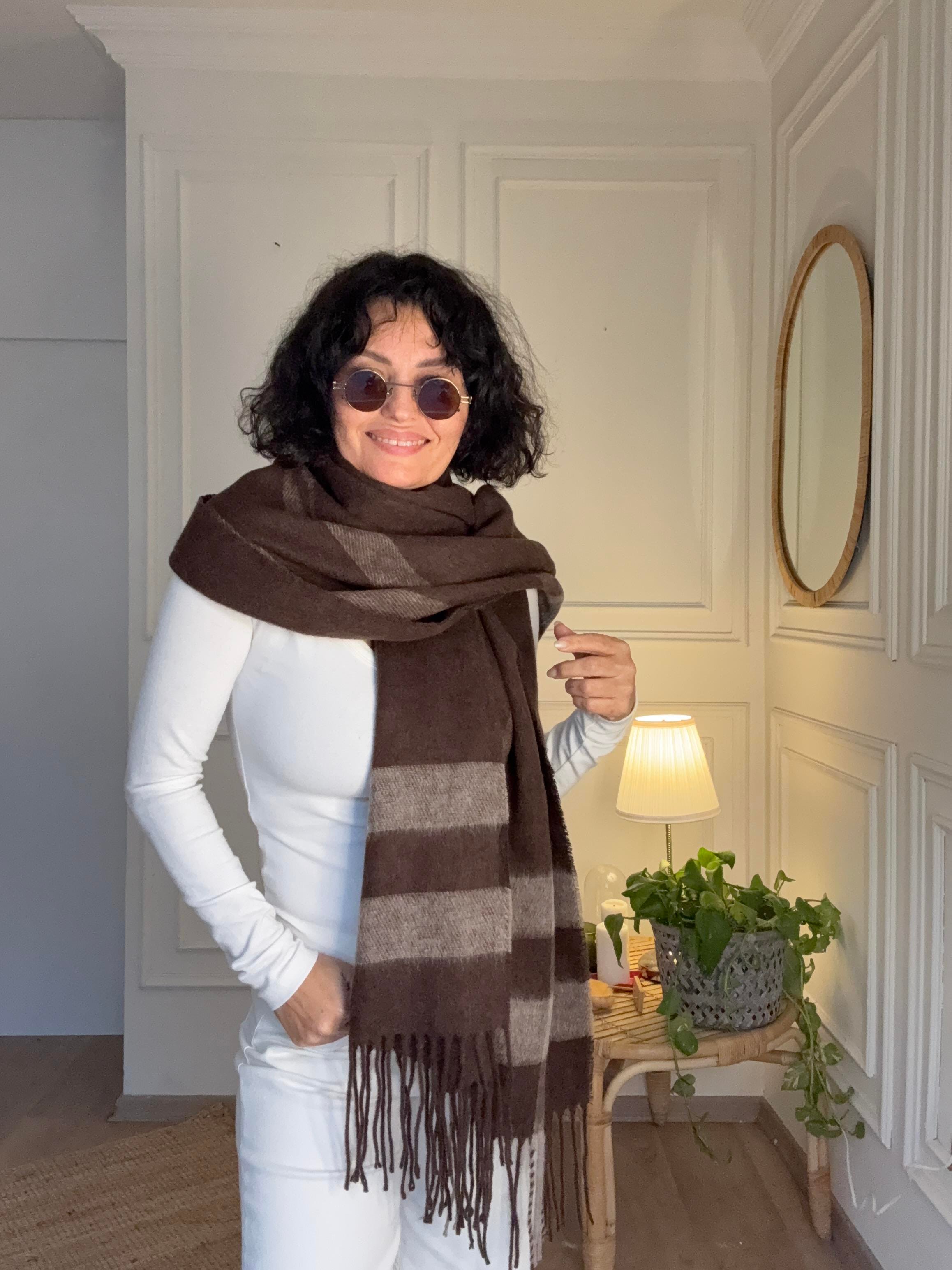 Ekoseli Büyük Yün Atkı Kahverengi 70*195 cm