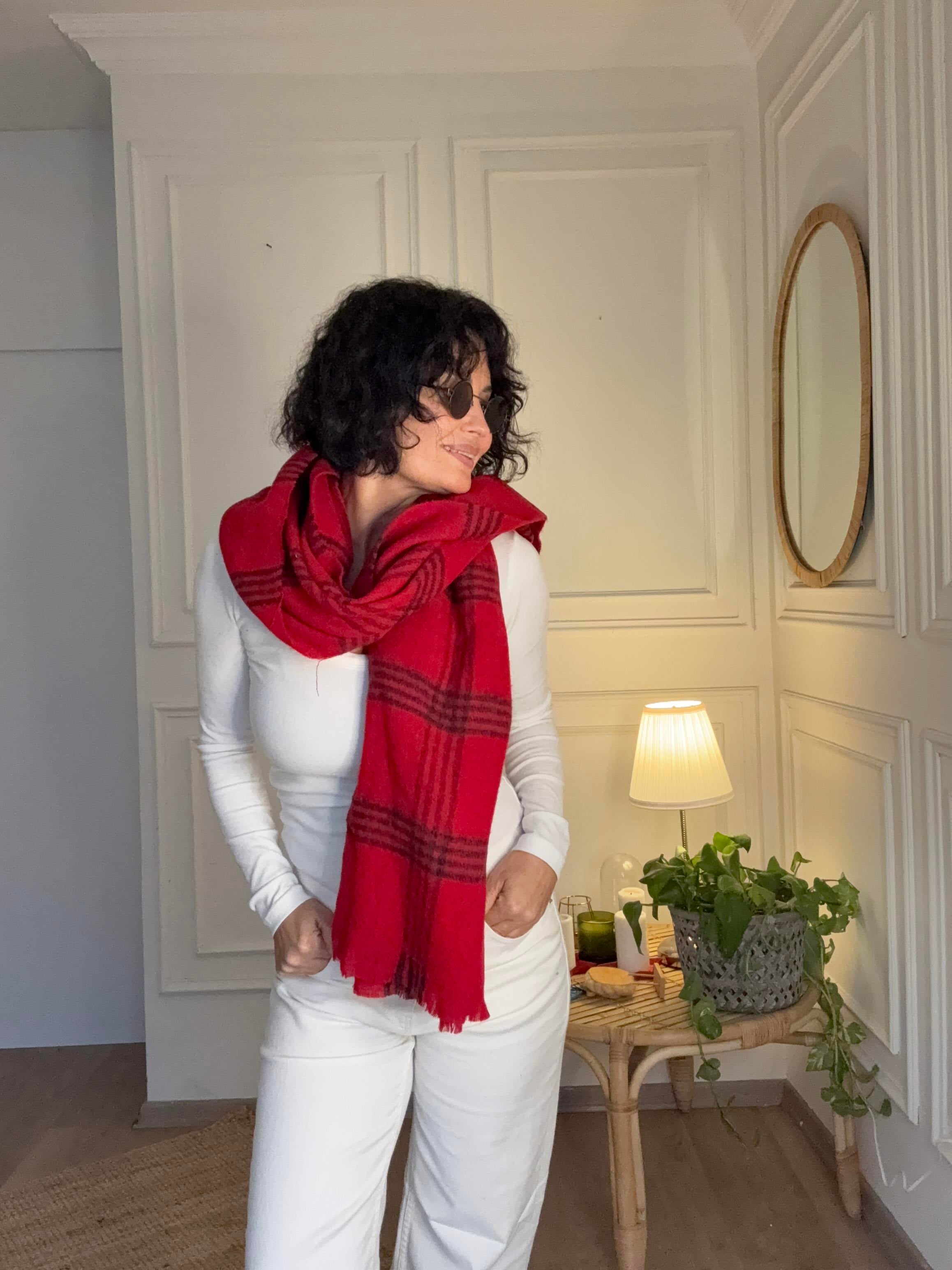 Ekoseli Büyük Yün Atkı Kırmızı 70*195 cm