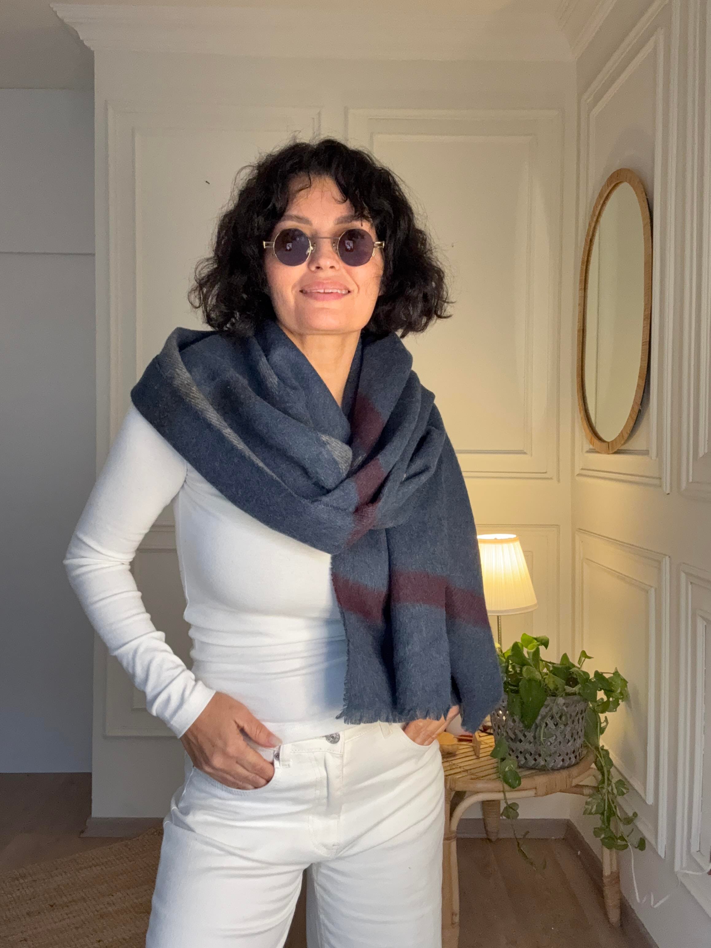 Ekoseli Büyük Yün Atkı Lacivert 70*195 cm
