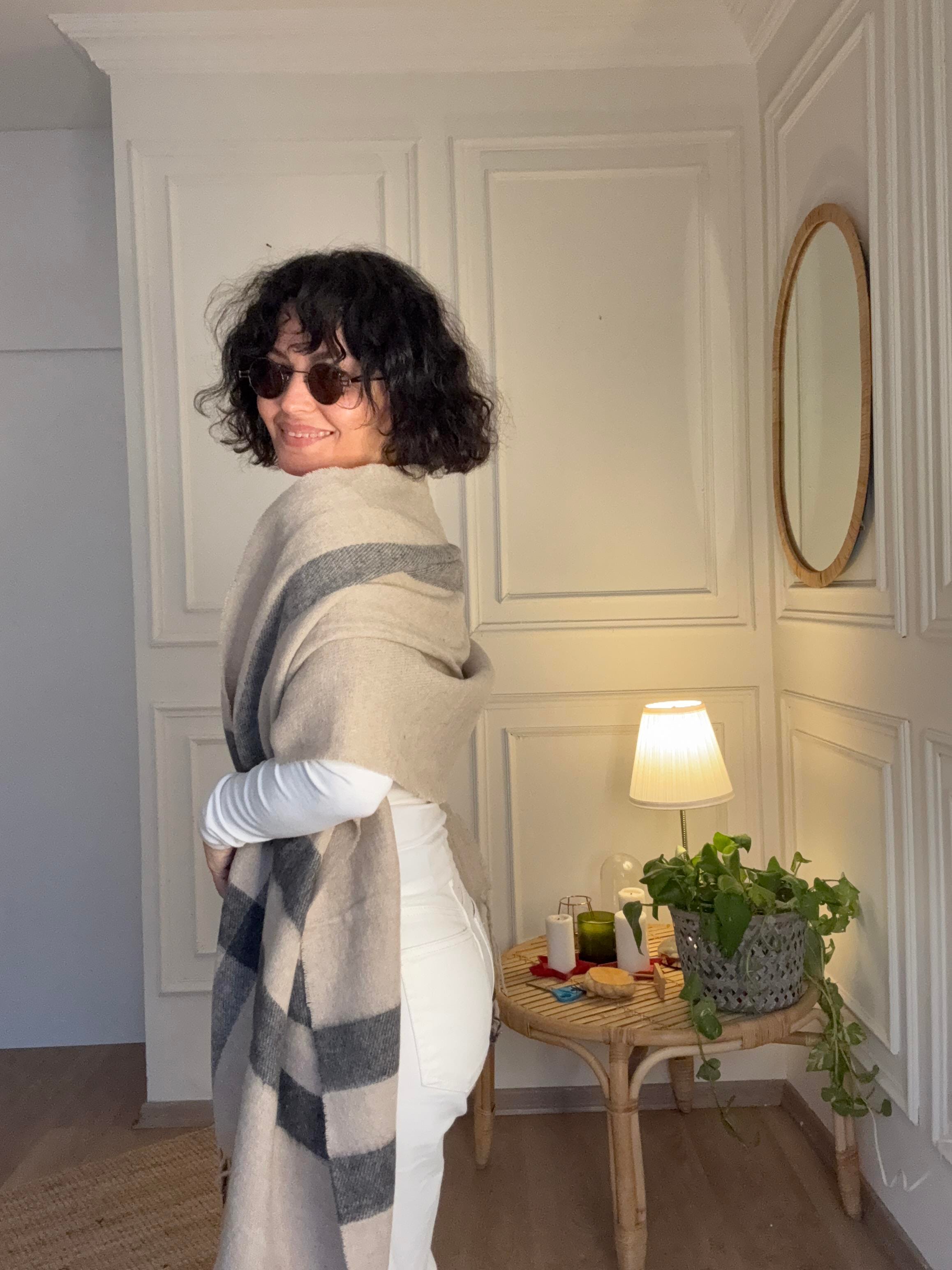 Ekoseli Büyük Yün Atkı Vizon 70*195 cm