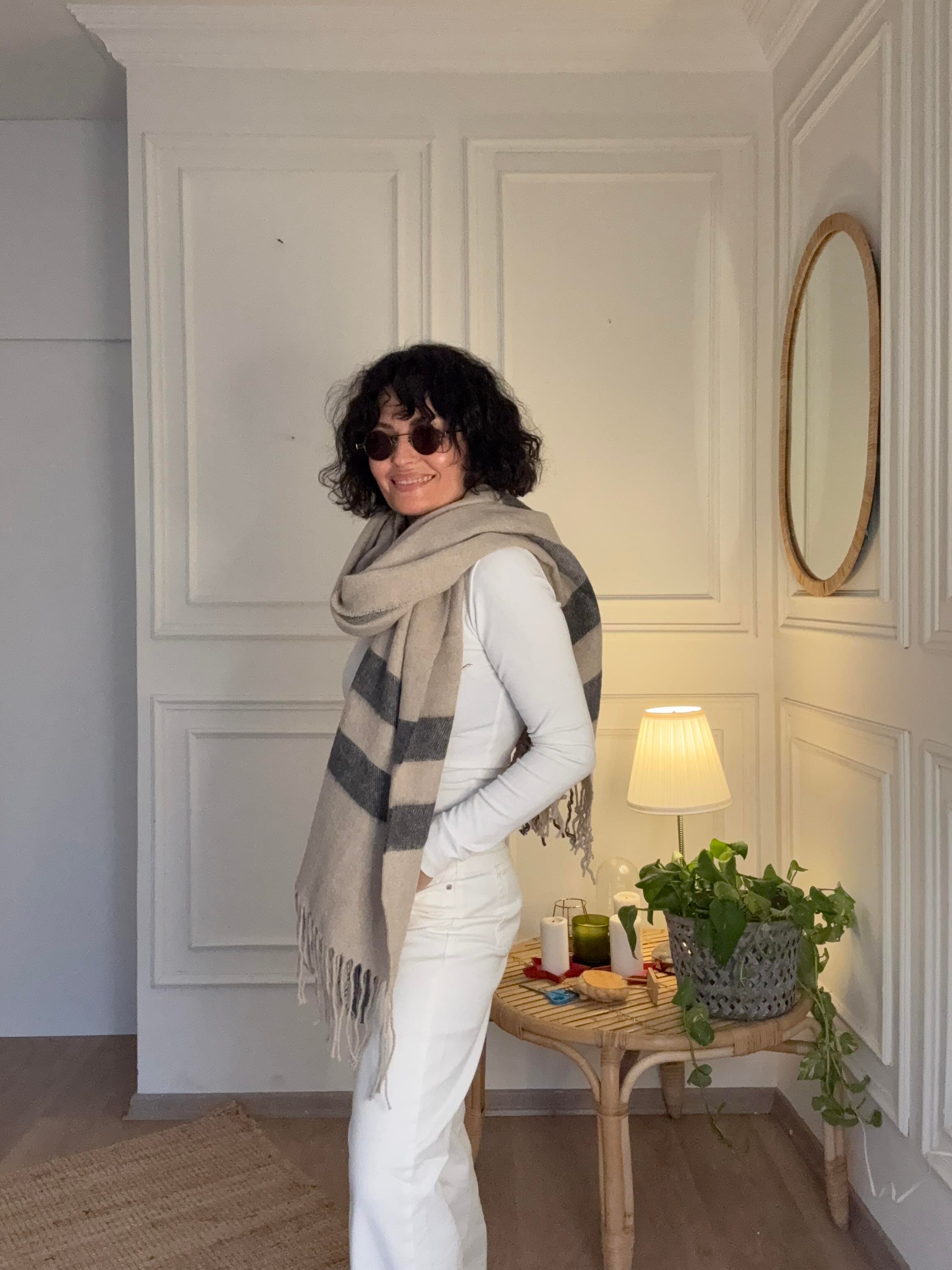 Ekoseli Büyük Yün Atkı Vizon 70*195 cm