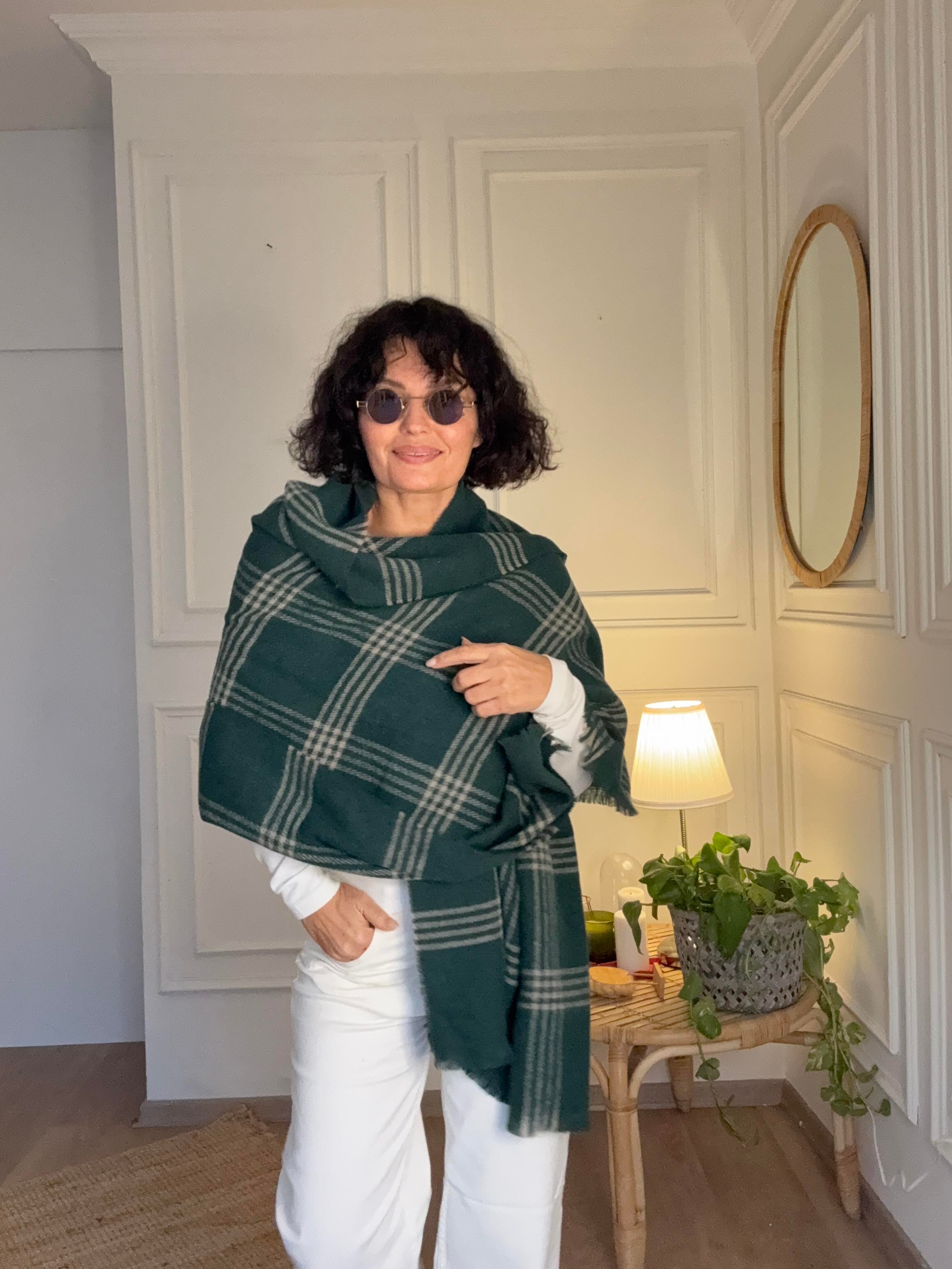 Ekoseli Büyük Yün Atkı Yeşil 70*195 cm