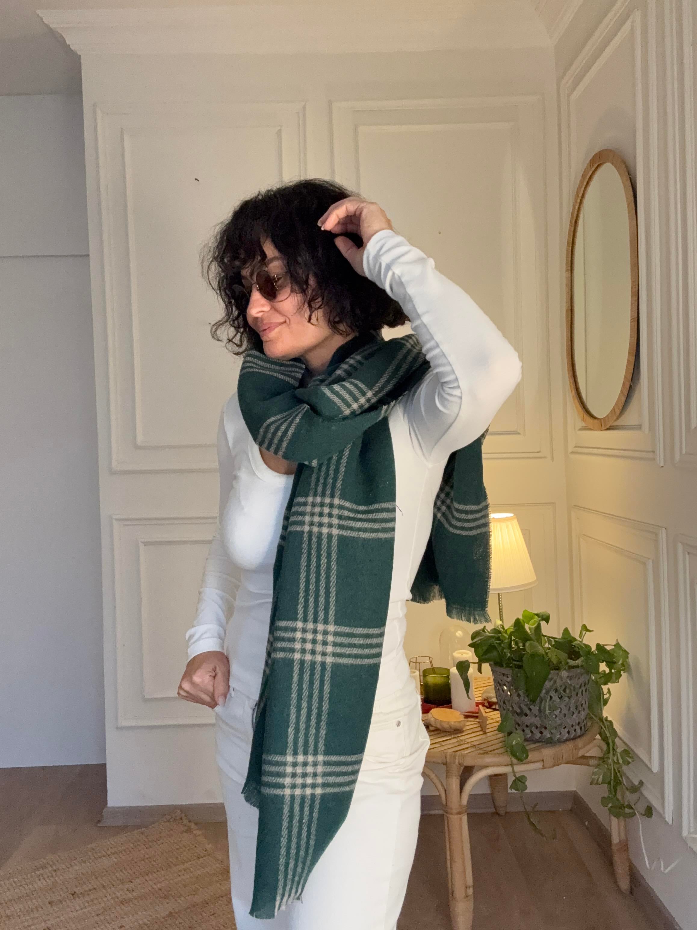 Ekoseli Büyük Yün Atkı Yeşil 70*195 cm