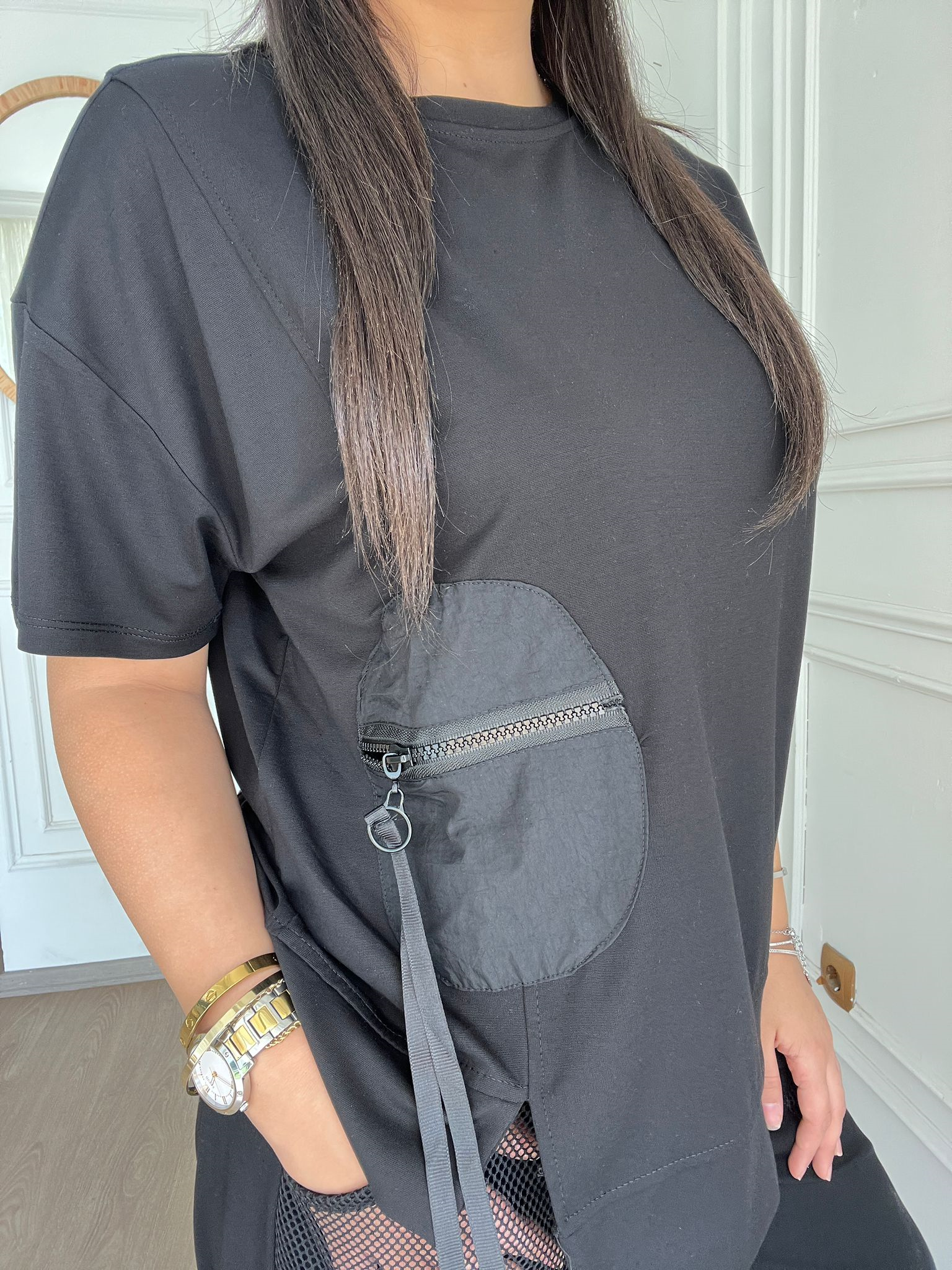 Fermuar Cep Detaylı Salaş Tshirt Siyah